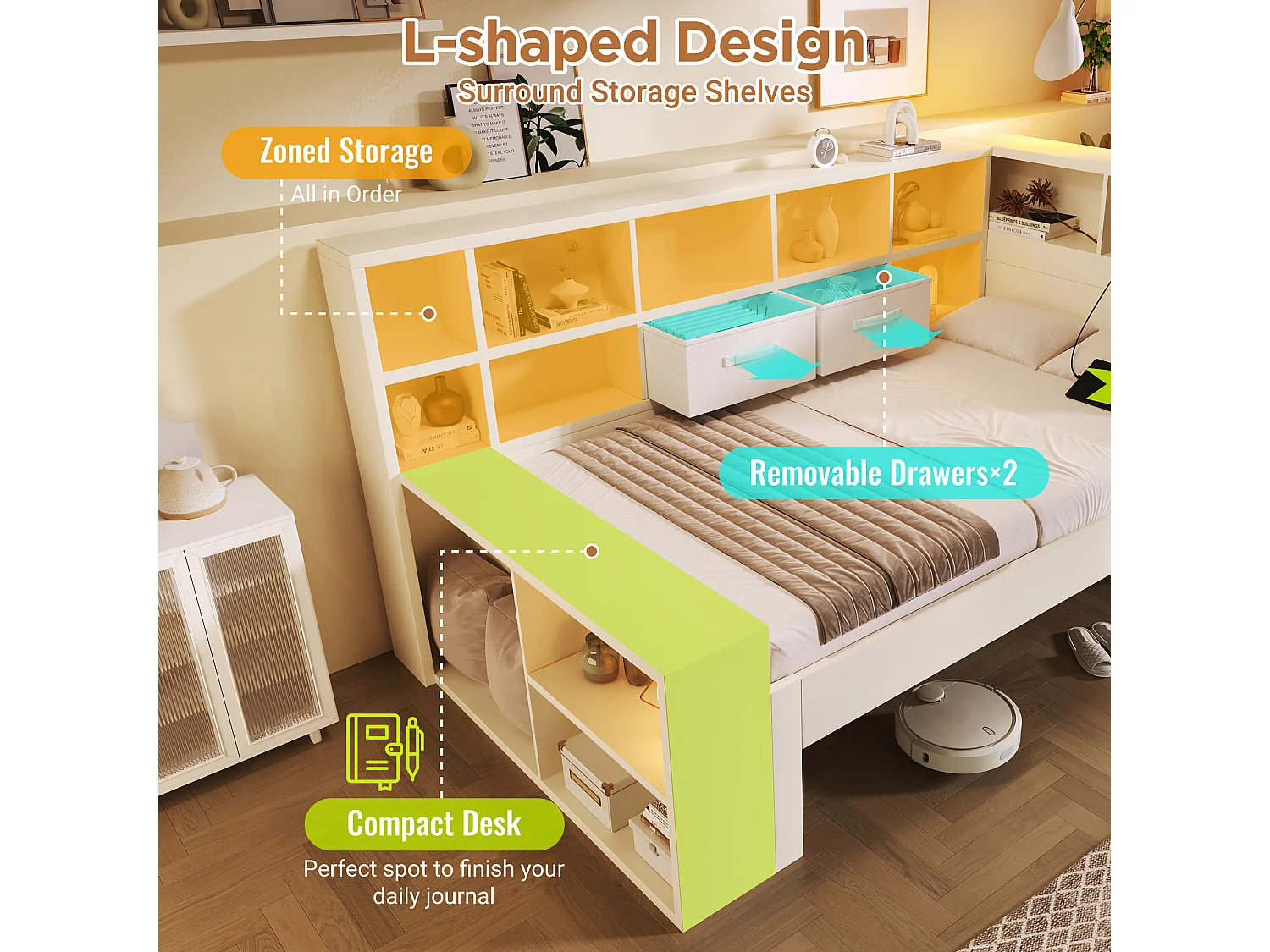 Sofa bed 90x190cm - with pull-out bed - with USB/Type-C - with storage space - solid wood + particleboard - white