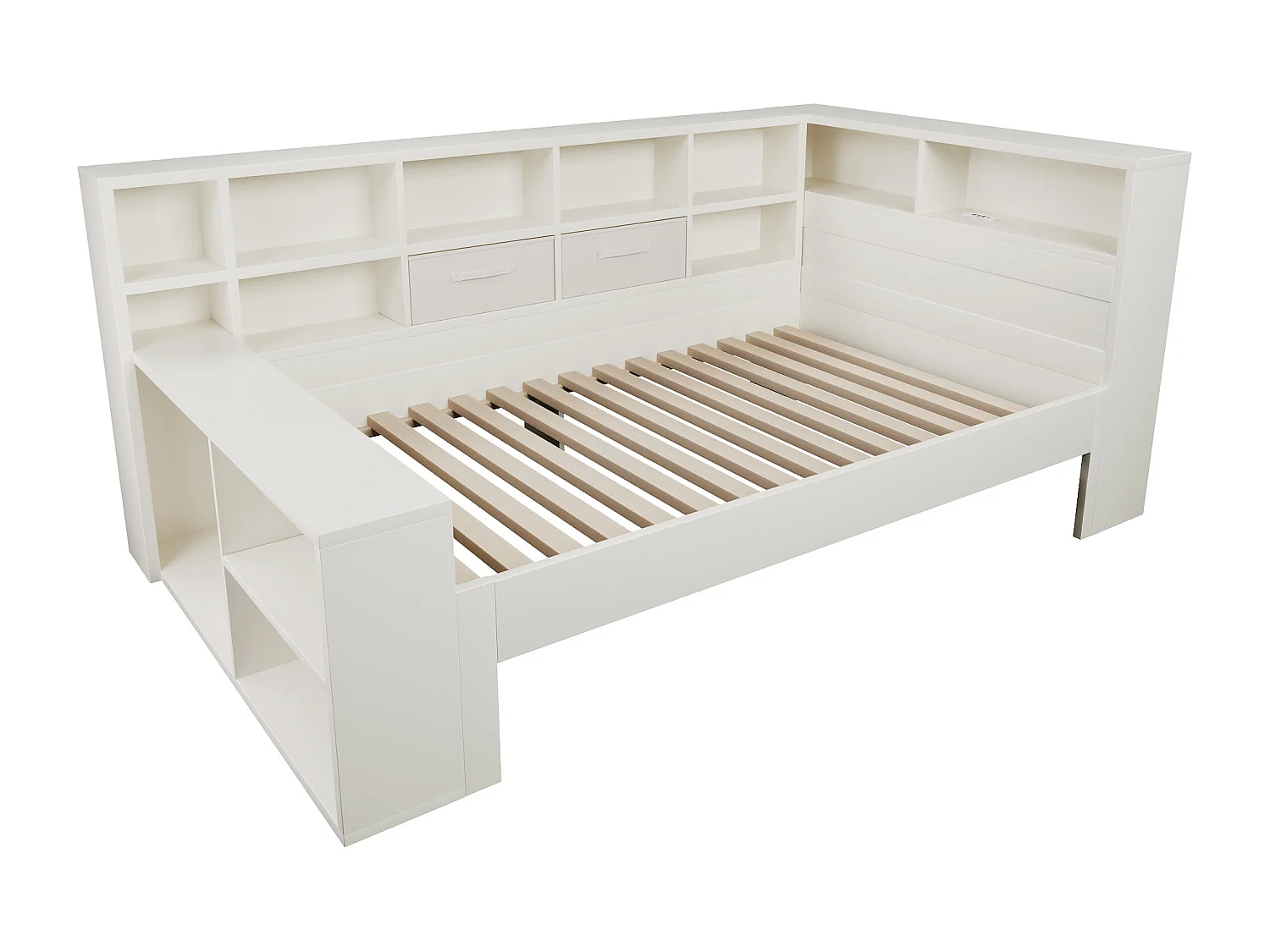 Sofa bed 90x190cm - with pull-out bed - with USB/Type-C - with storage space - solid wood + particleboard - white