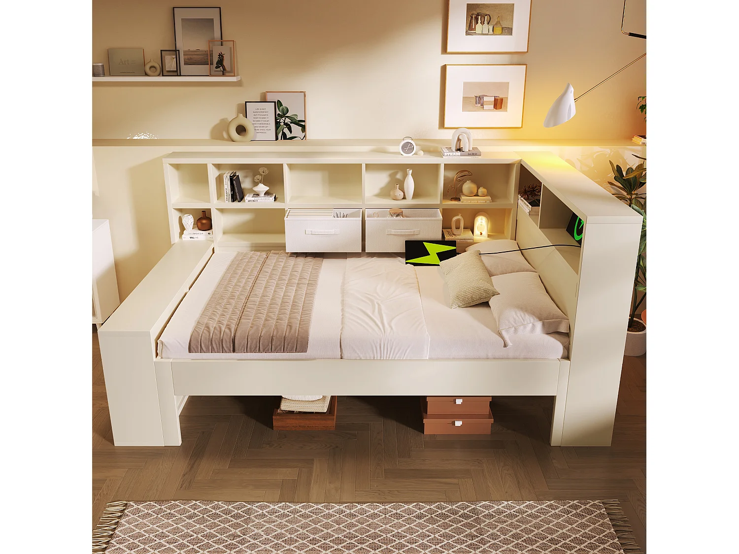 Sofa bed 90x190cm - with pull-out bed - with USB/Type-C - with storage space - solid wood + particleboard - white