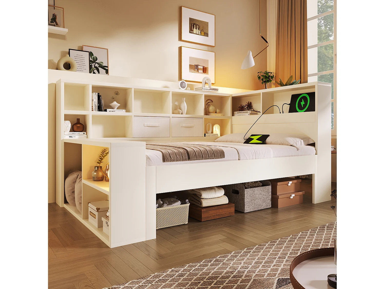 Sofa bed 90x190cm - with pull-out bed - with USB/Type-C - with storage space - solid wood + particleboard - white
