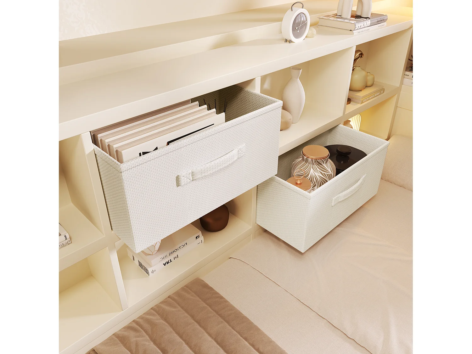 Sofa bed 90x190cm - with pull-out bed - with USB/Type-C - with storage space - solid wood + particleboard - white