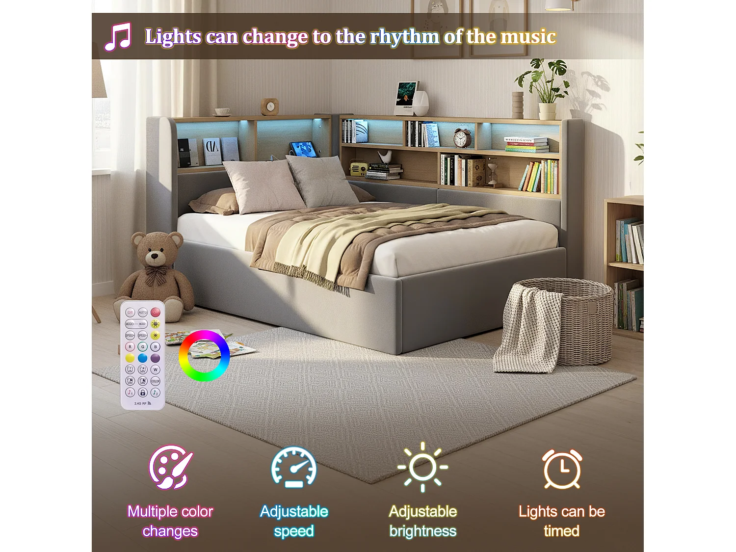 Upholstered storage sofa bed 90x200 cm - With LED lighting and USB port - With storage compartments - Velvet fabric - Grey (Mattress not included)