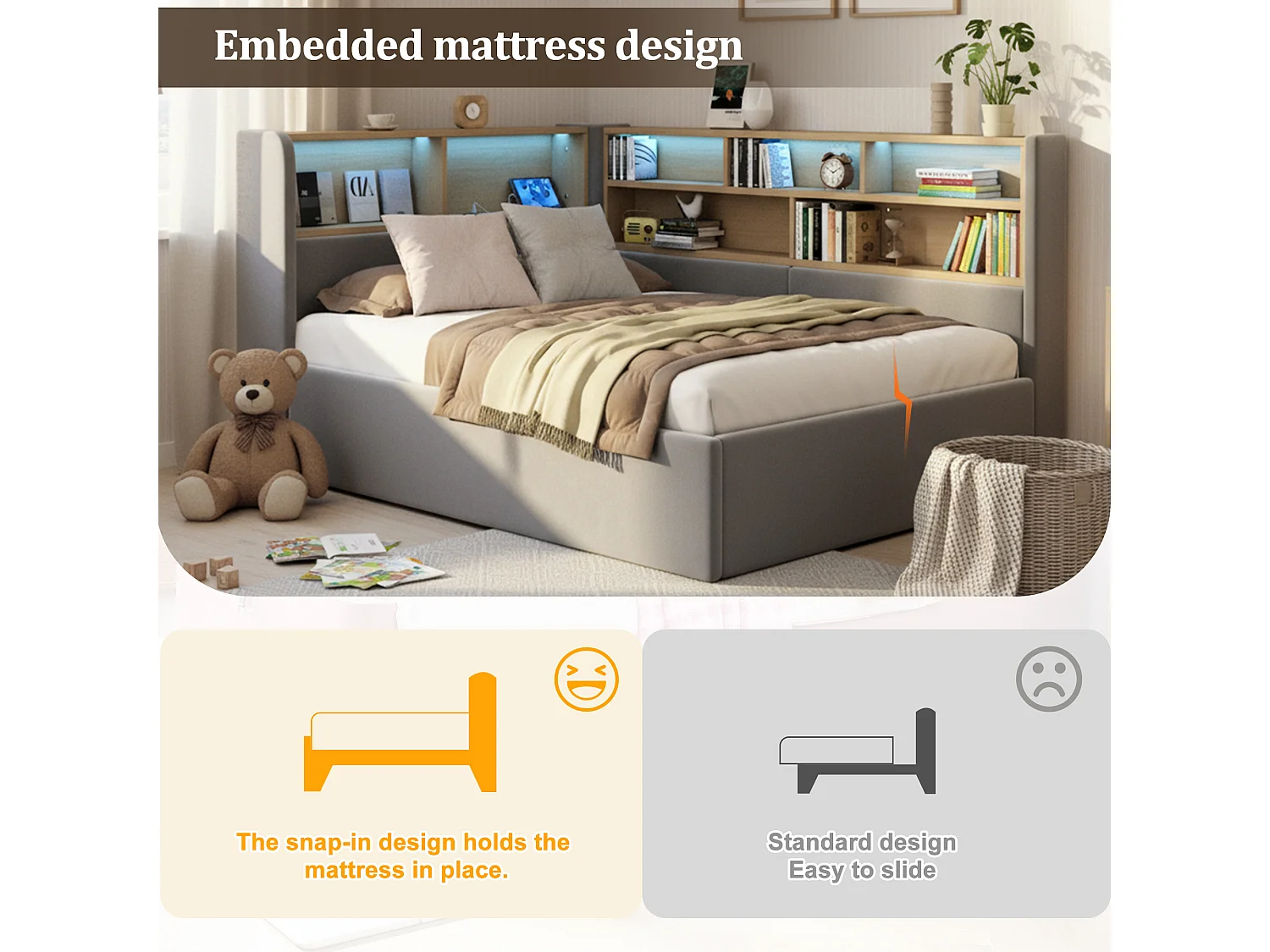 Upholstered storage sofa bed 90x200 cm - With LED lighting and USB port - With storage compartments - Velvet fabric - Grey (Mattress not included)