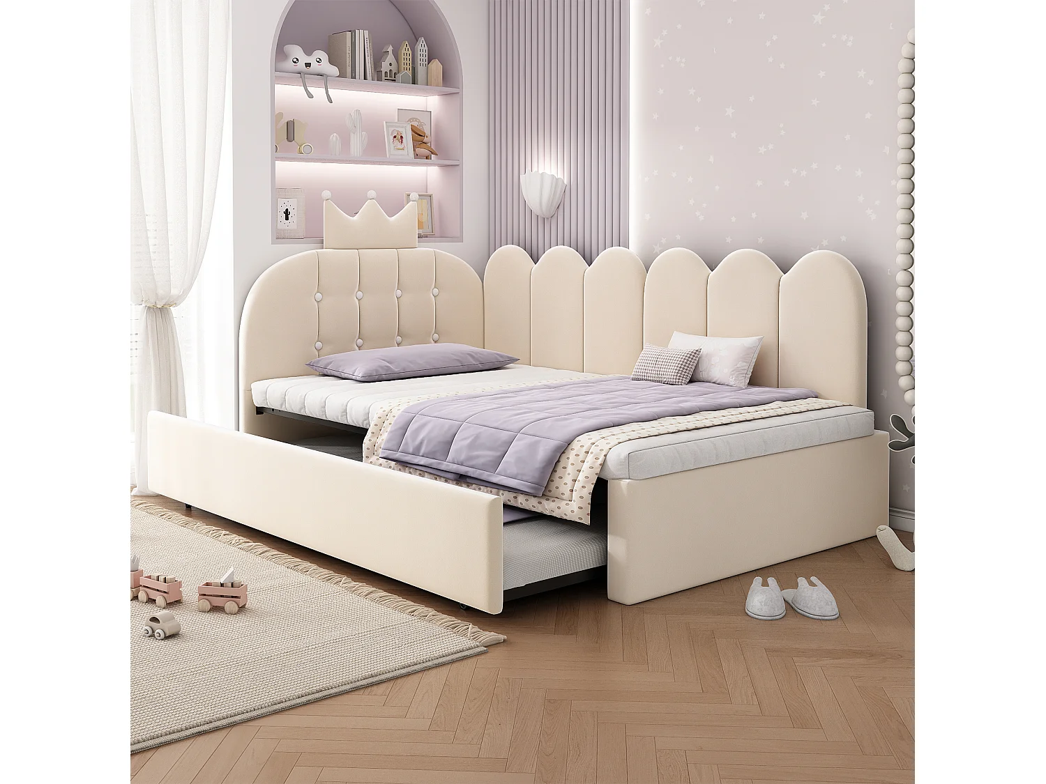 Sofa bed 90x190 cm - with pull-out bed 90x190 cm - features a crown-shaped decoration - Velvet - Beige (mattress not included)