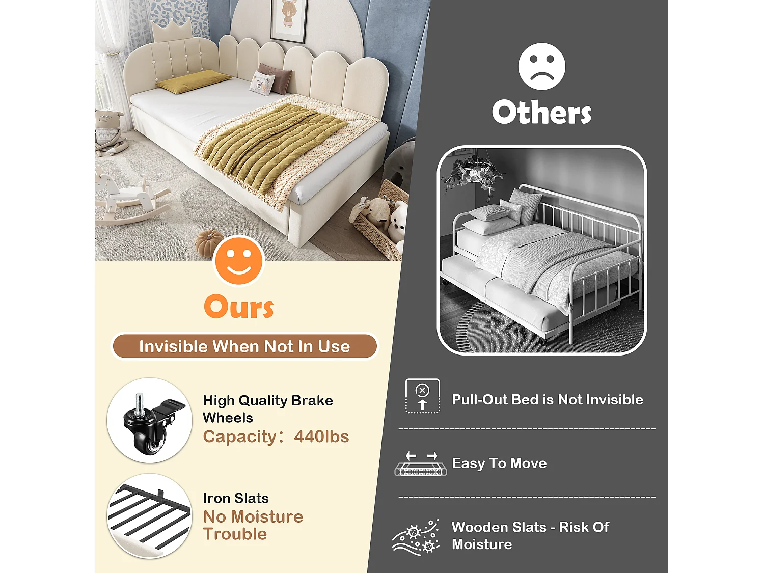 Sofa bed 90x190 cm - with pull-out bed 90x190 cm - features a crown-shaped decoration - Velvet - Beige (mattress not included)