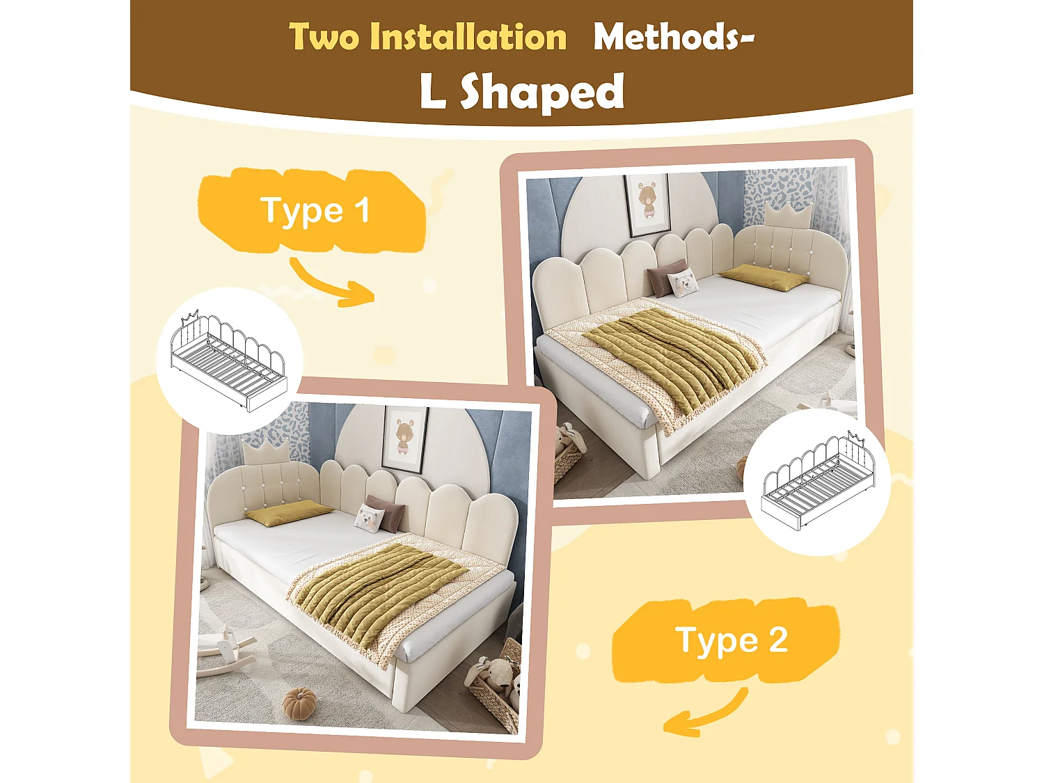 Sofa bed 90x190 cm - with pull-out bed 90x190 cm - features a crown-shaped decoration - Velvet - Beige (mattress not included)
