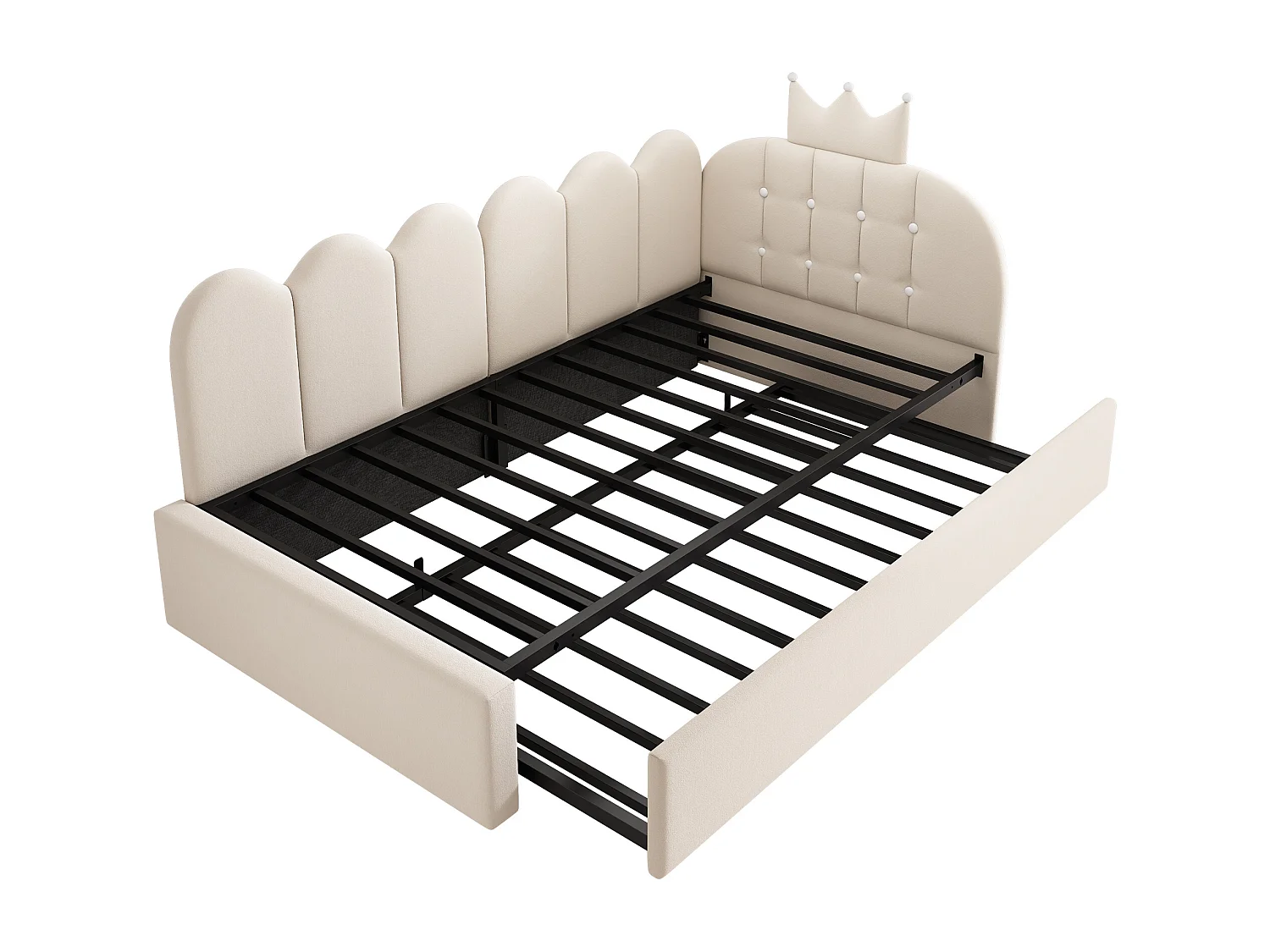 Sofa bed 90x190 cm - with pull-out bed 90x190 cm - features a crown-shaped decoration - Velvet - Beige (mattress not included)