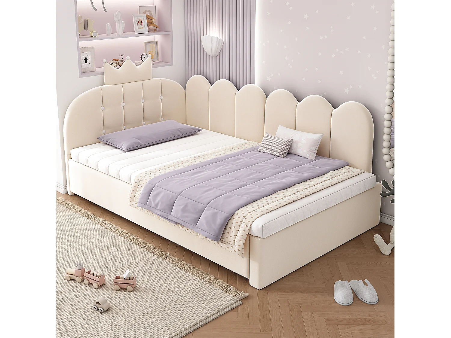 Sofa bed 90x190 cm - with pull-out bed 90x190 cm - features a crown-shaped decoration - Velvet - Beige (mattress not included)