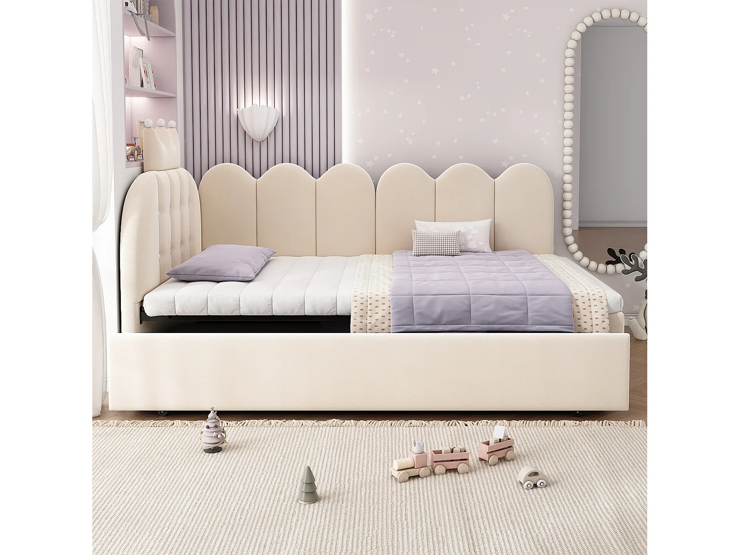 Sofa bed 90x190 cm - with pull-out bed 90x190 cm - features a crown-shaped decoration - Velvet - Beige (mattress not included)