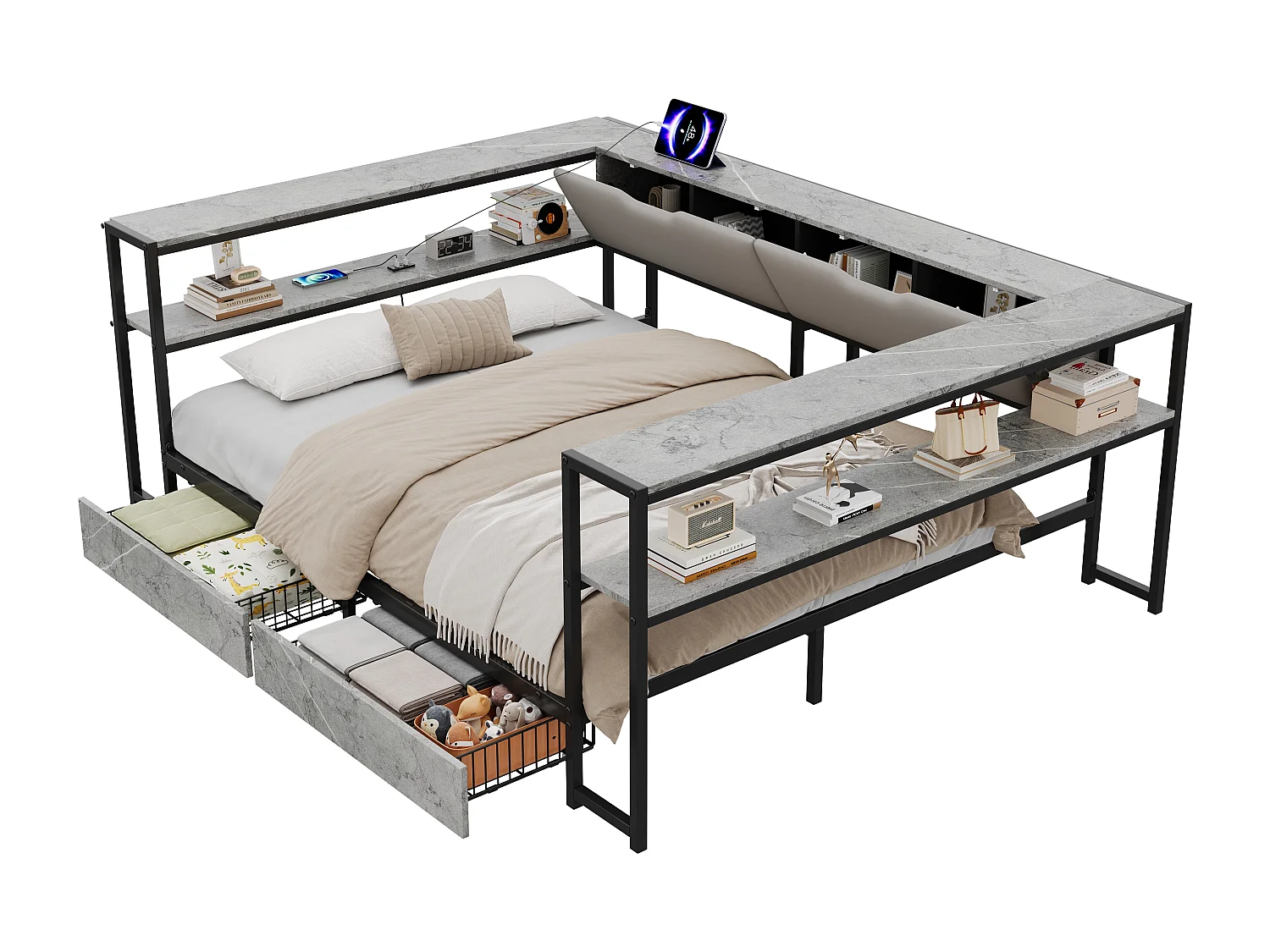 Polstret seng 140x200 cm - USB-port - 2 skuffer og opbevaringsrum - Metalsengeramme med lameller - Grå (uden madras)