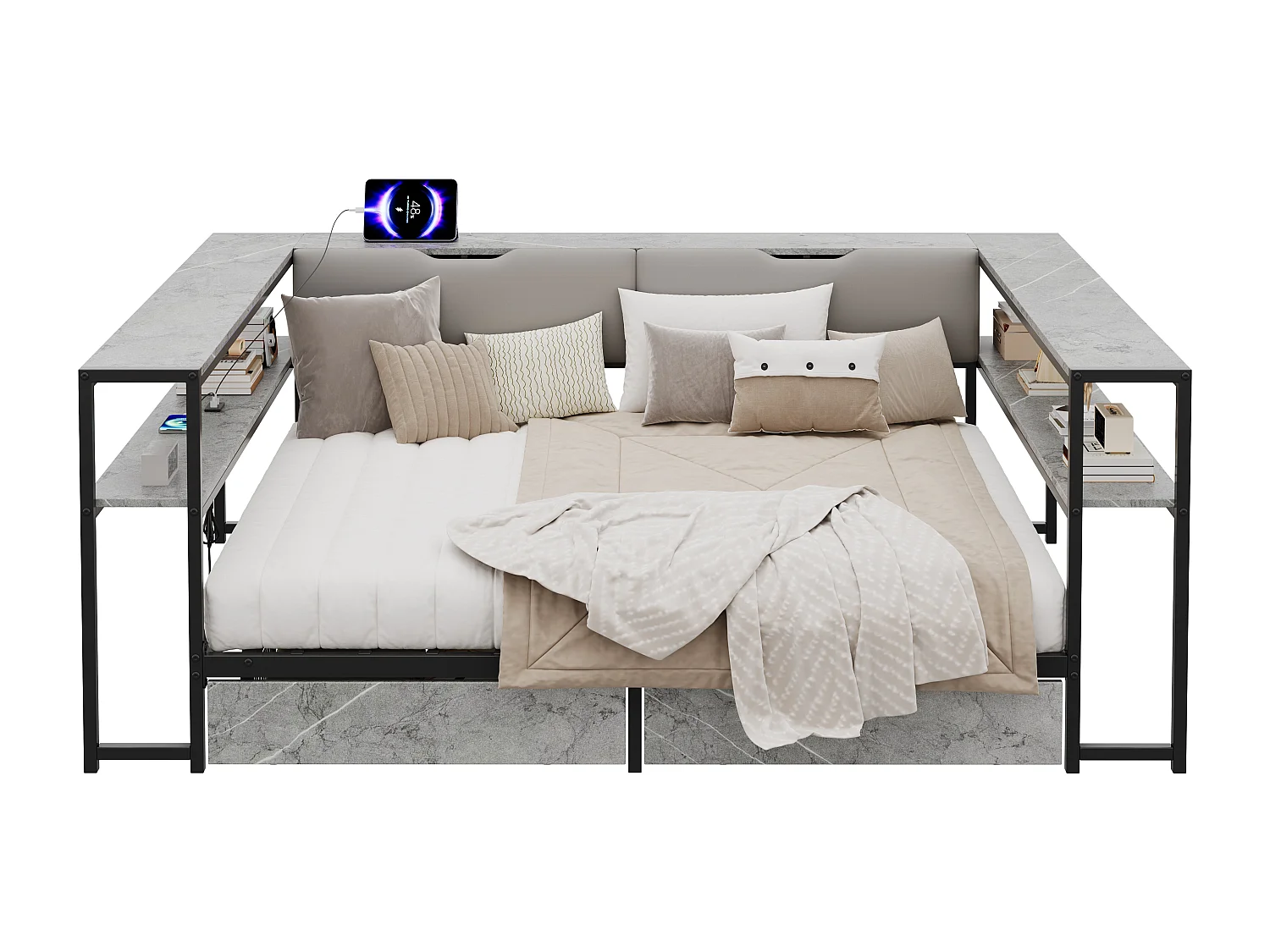Polstret seng 140x200 cm - USB-port - 2 skuffer og opbevaringsrum - Metalsengeramme med lameller - Grå (uden madras)