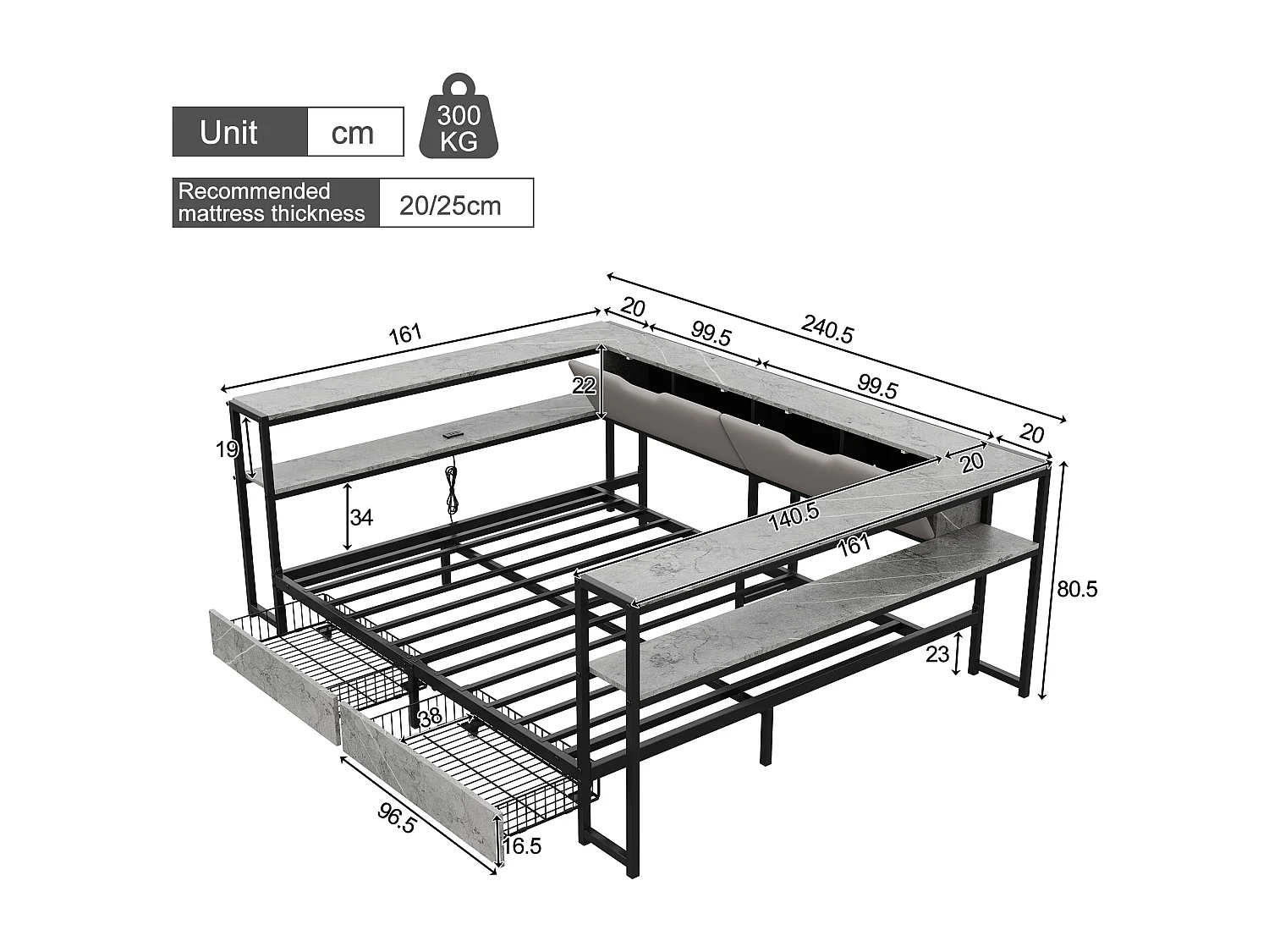 Polstret seng 140x200 cm - USB-port - 2 skuffer og opbevaringsrum - Metalsengeramme med lameller - Grå (uden madras)