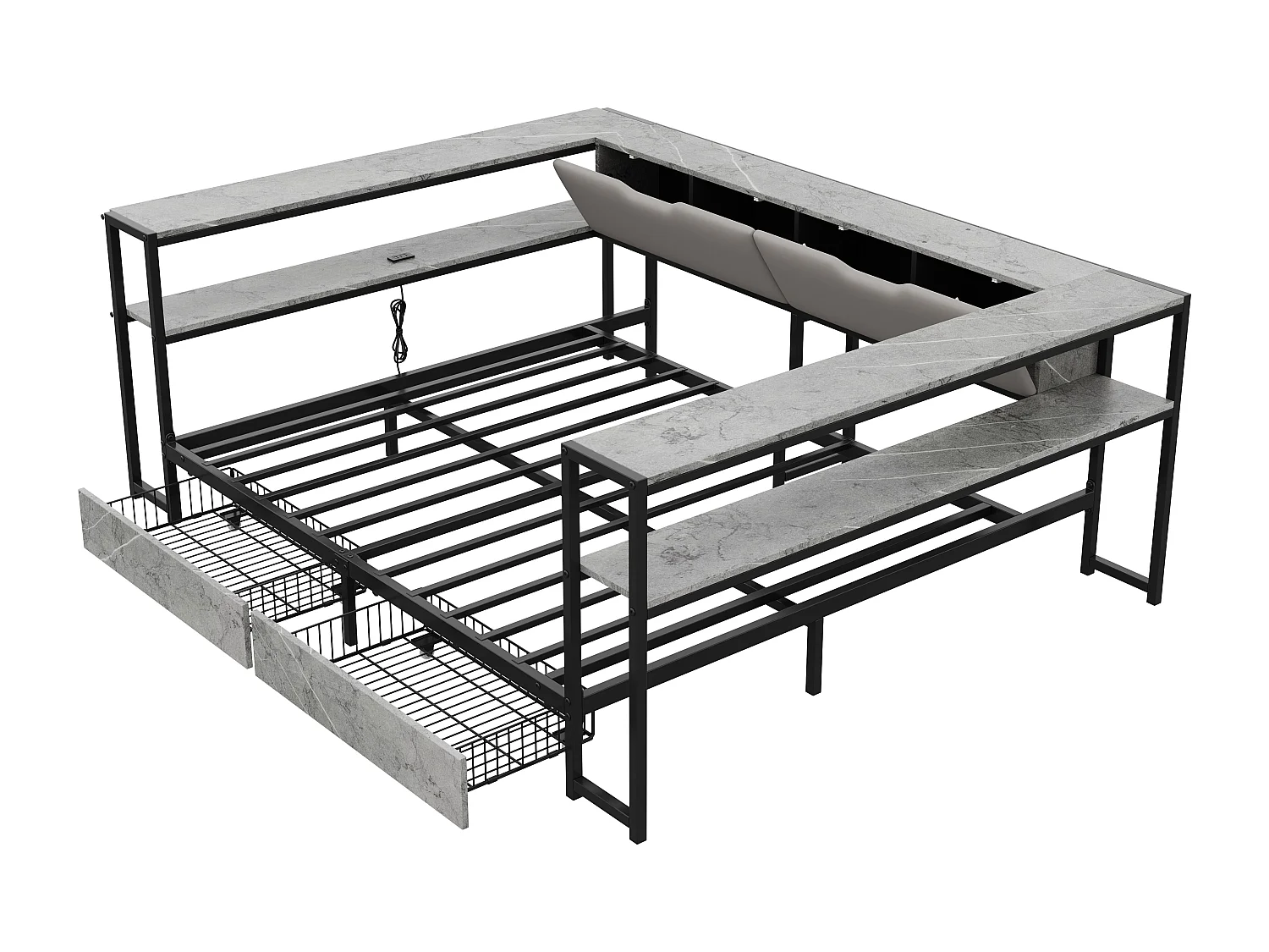 Polstret seng 140x200 cm - USB-port - 2 skuffer og opbevaringsrum - Metalsengeramme med lameller - Grå (uden madras)