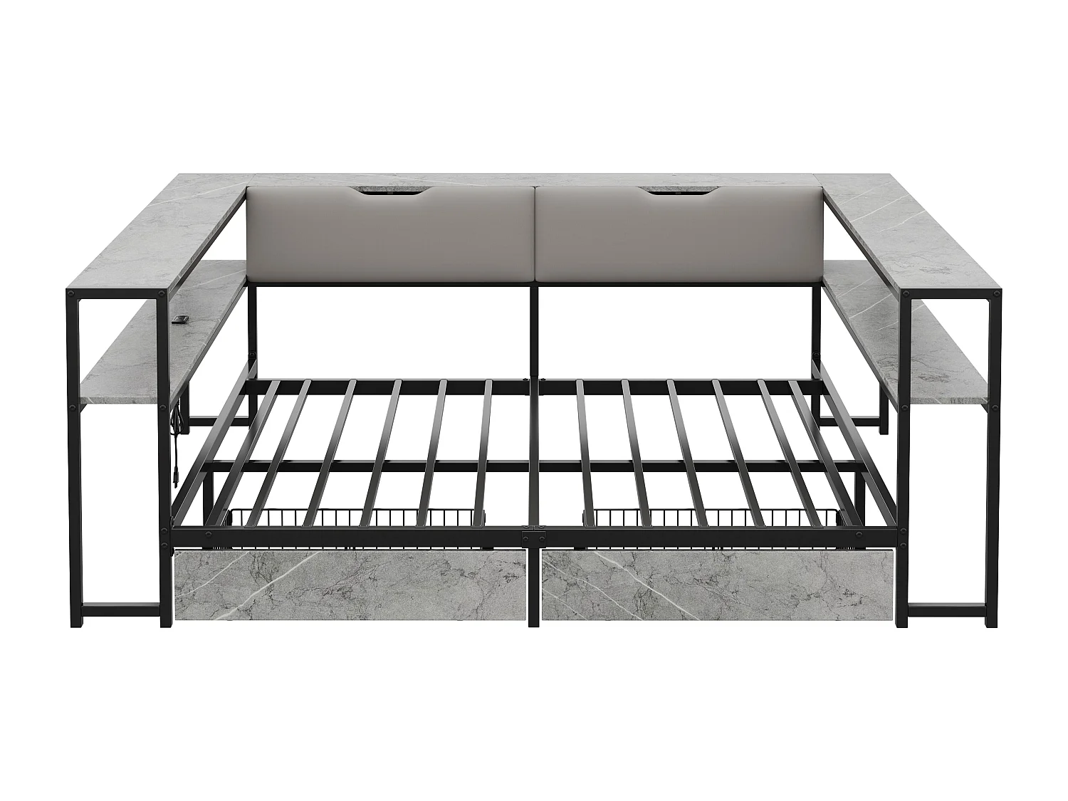 Polstret seng 140x200 cm - USB-port - 2 skuffer og opbevaringsrum - Metalsengeramme med lameller - Grå (uden madras)