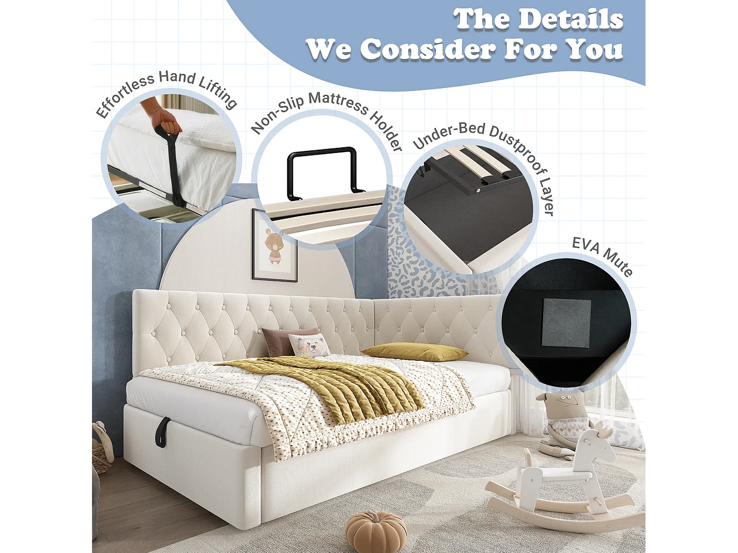 Sofa bed with storage 90x190 cm - with storage - velvet fabric - with slatted base - Beige (mattress not included)