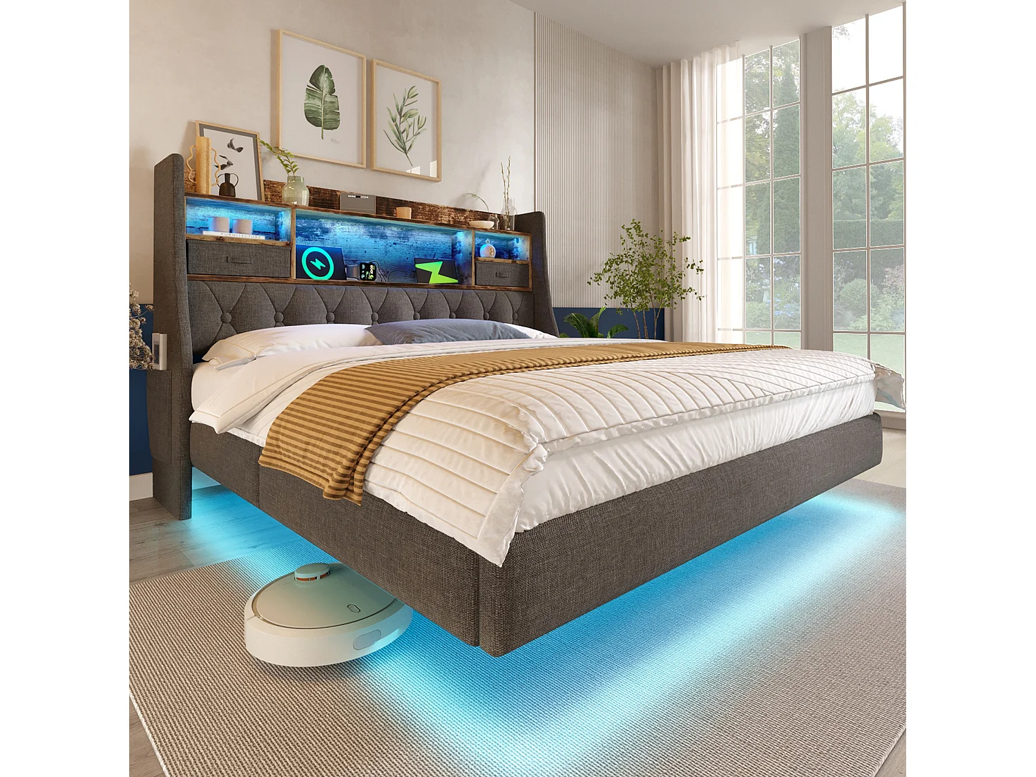 Upholstered Adult Bed 150x200cm - with LED lighting - with 1 Type-C port and 3 USB ports - headboard with storage - linen - Grey