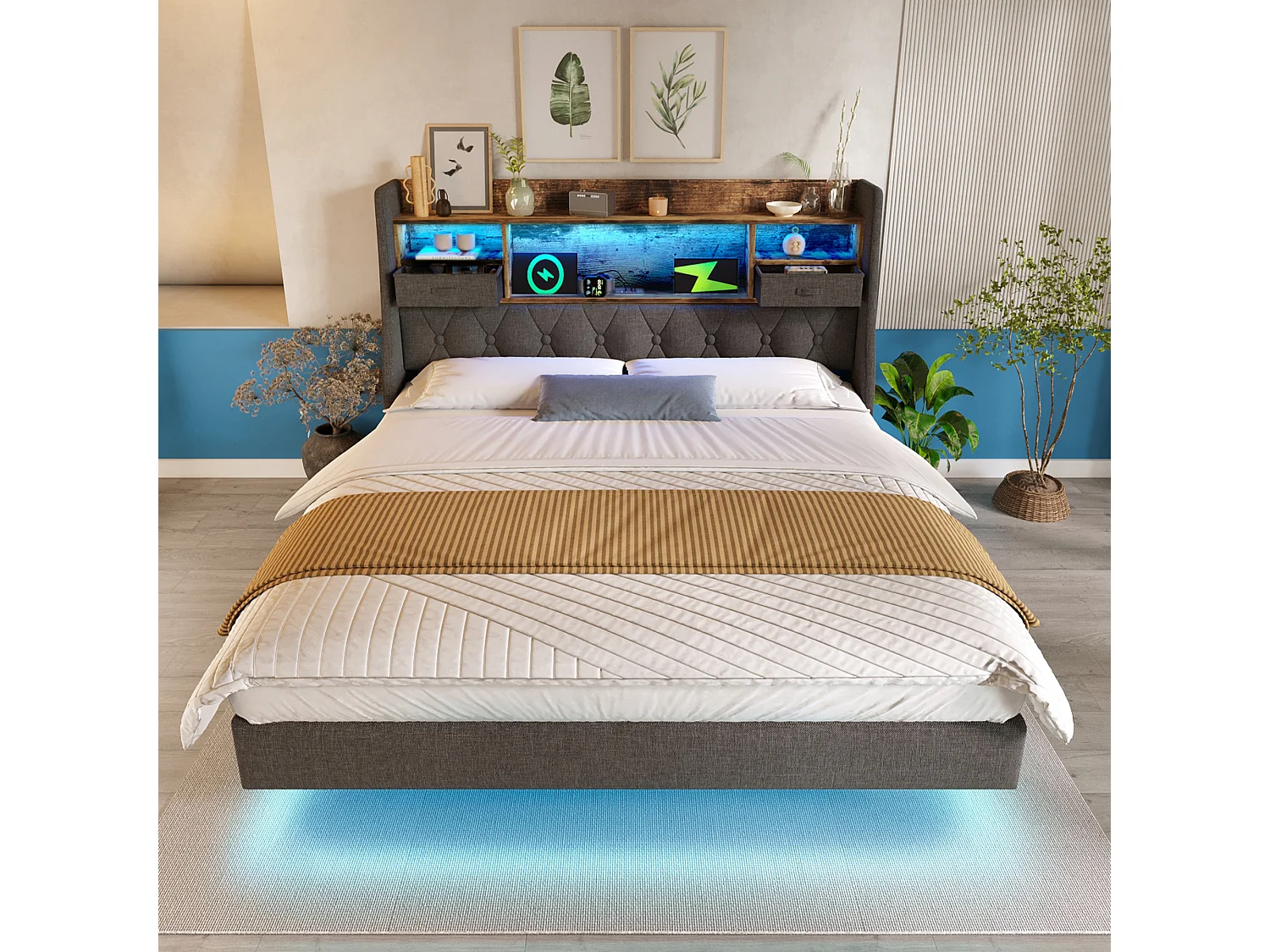 Upholstered Adult Bed 150x200cm - with LED lighting - with 1 Type-C port and 3 USB ports - headboard with storage - linen - Grey