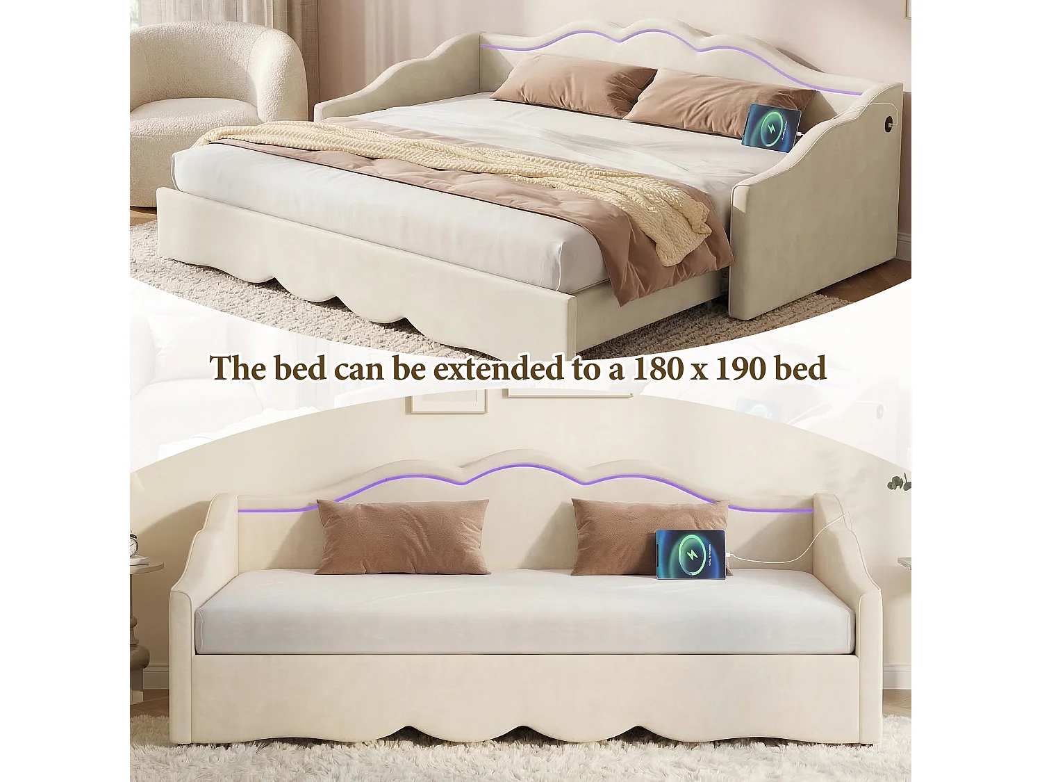 Upholstered sofa bed 90x200cm - With pull-out bed - LED lighting and USB ports - Velvet upholstery - Beige (Mattress not included)