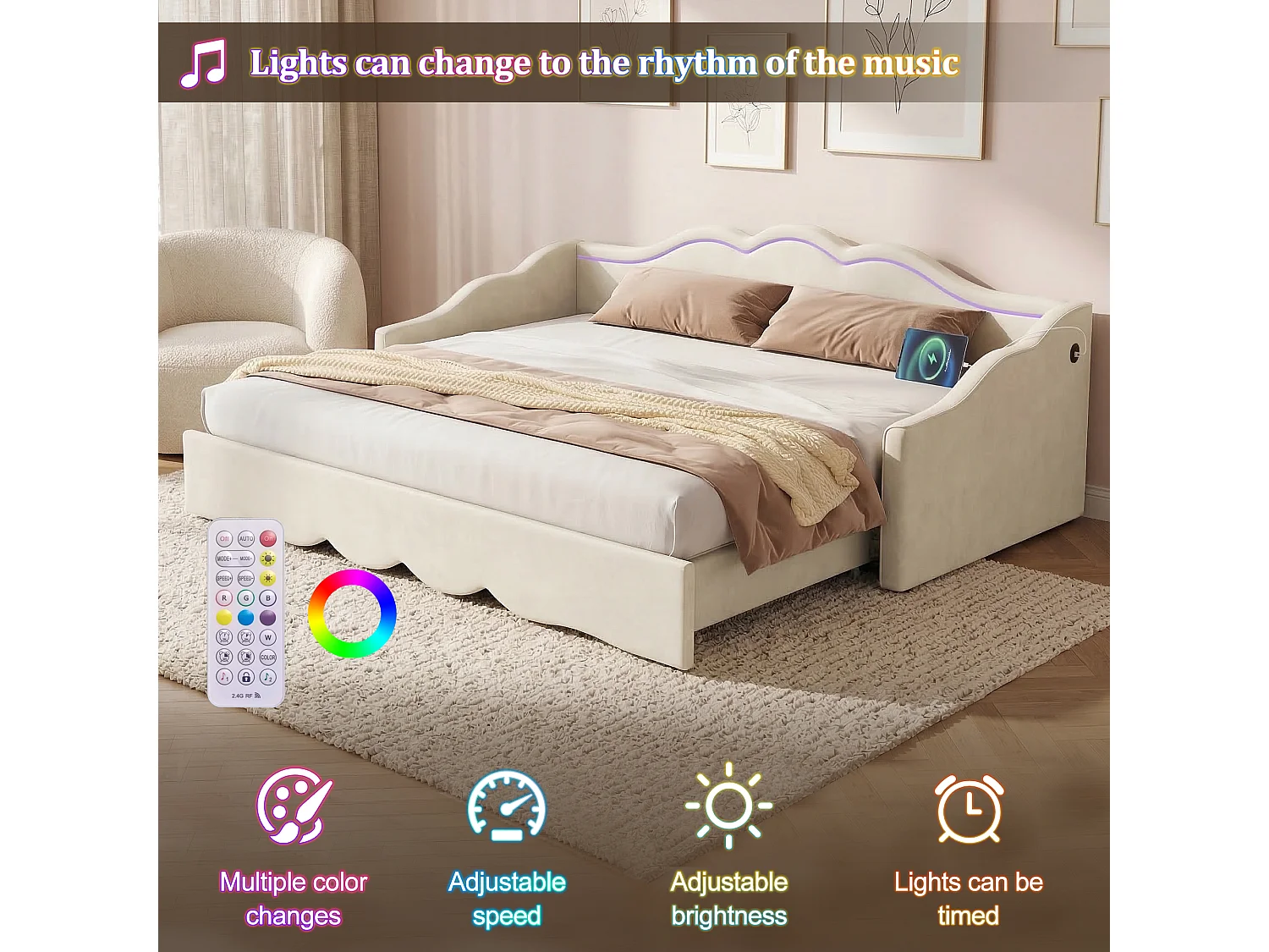 Upholstered sofa bed 90x200cm - With pull-out bed - LED lighting and USB ports - Velvet upholstery - Beige (Mattress not included)