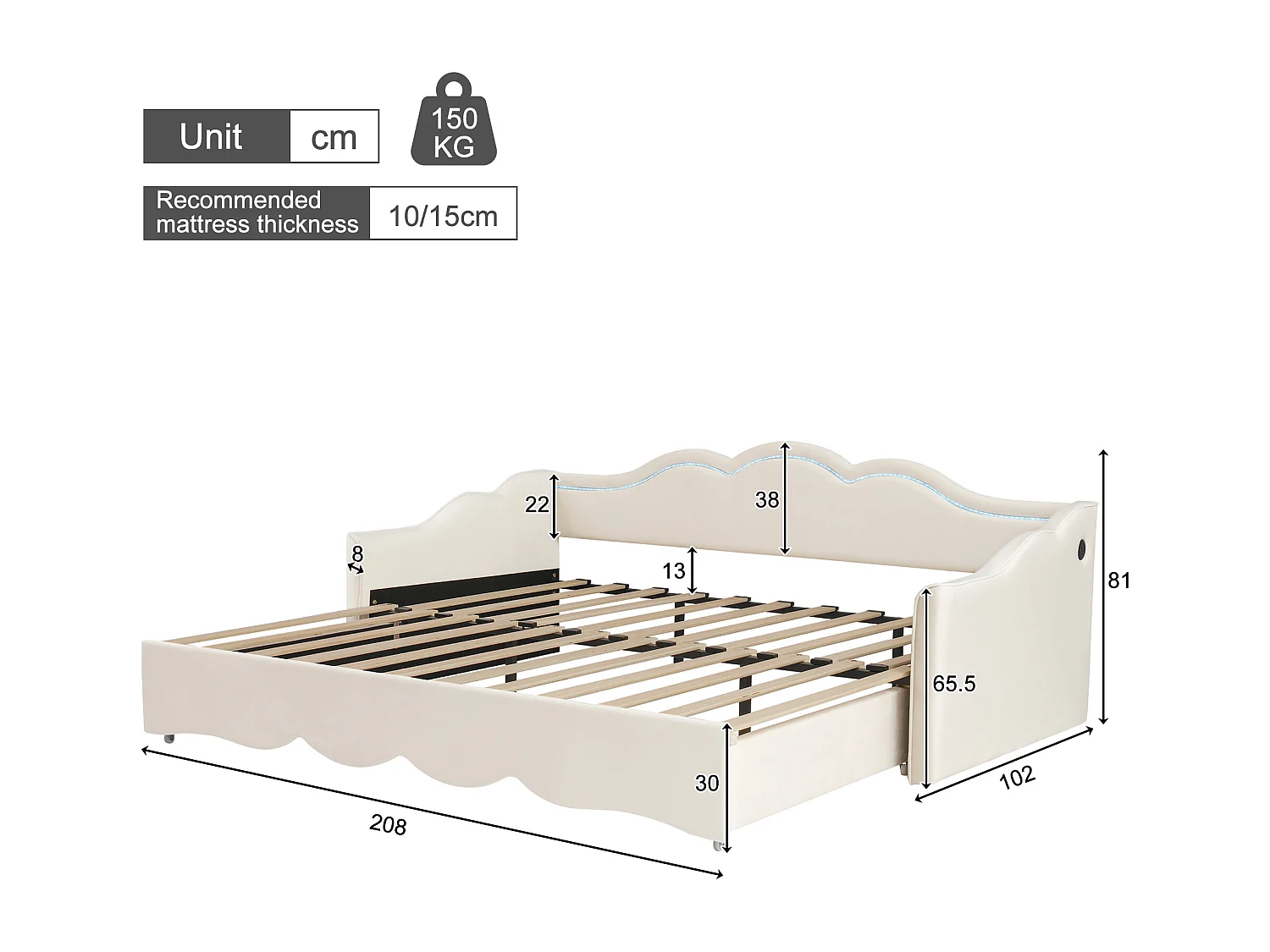 Upholstered sofa bed 90x200cm - With pull-out bed - LED lighting and USB ports - Velvet upholstery - Beige (Mattress not included)