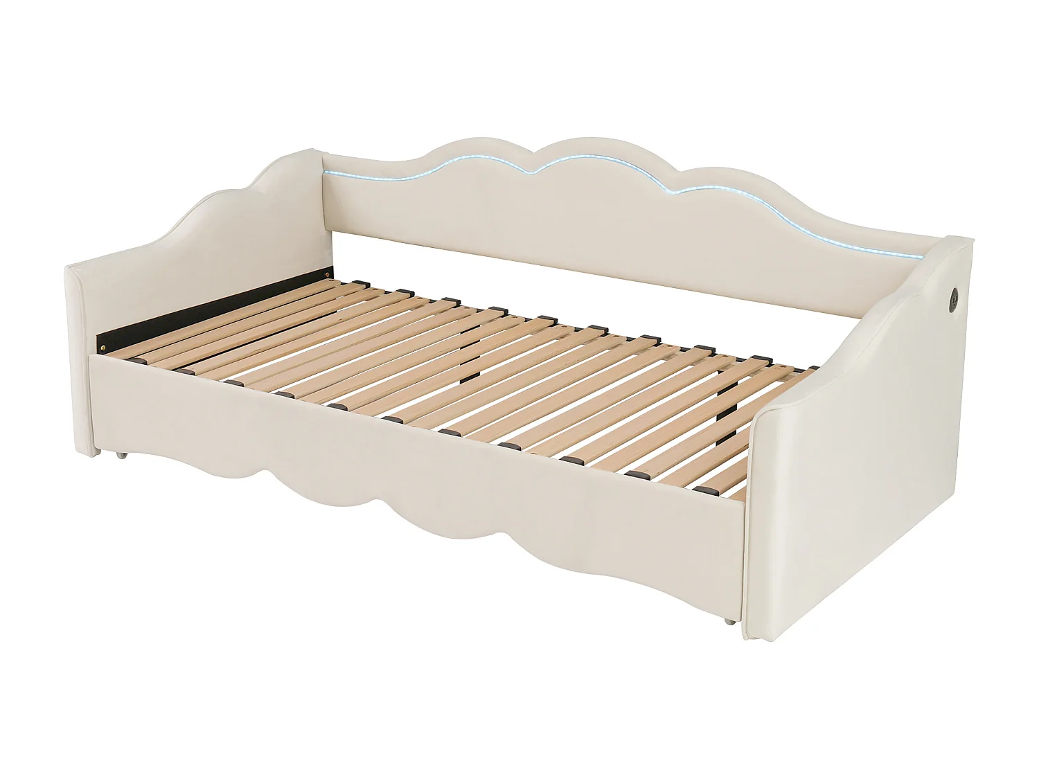 Upholstered sofa bed 90x200cm - With pull-out bed - LED lighting and USB ports - Velvet upholstery - Beige (Mattress not included)