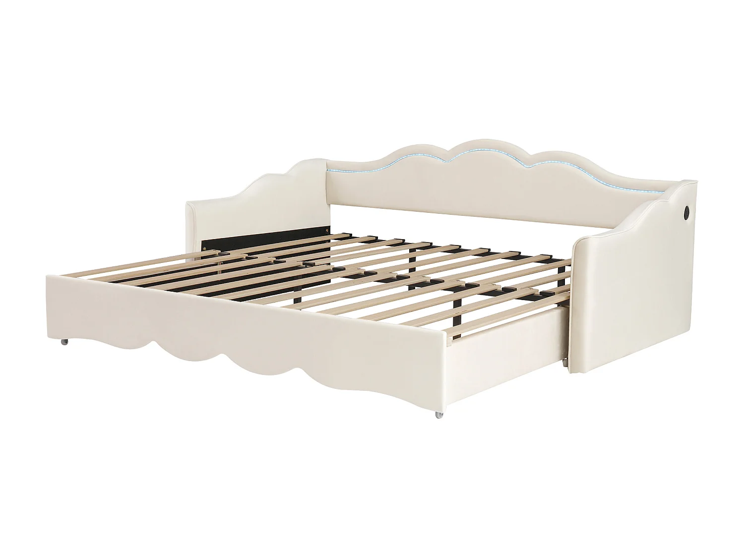 Upholstered sofa bed 90x200cm - With pull-out bed - LED lighting and USB ports - Velvet upholstery - Beige (Mattress not included)