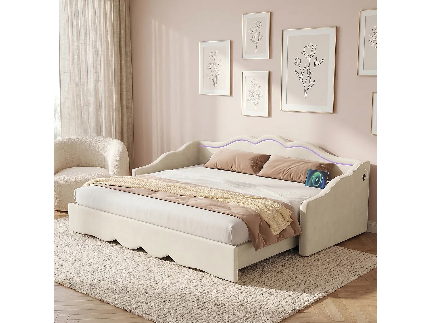 Upholstered sofa bed 90x200cm - With pull-out bed - LED lighting and USB ports - Velvet upholstery - Beige (Mattress not included)