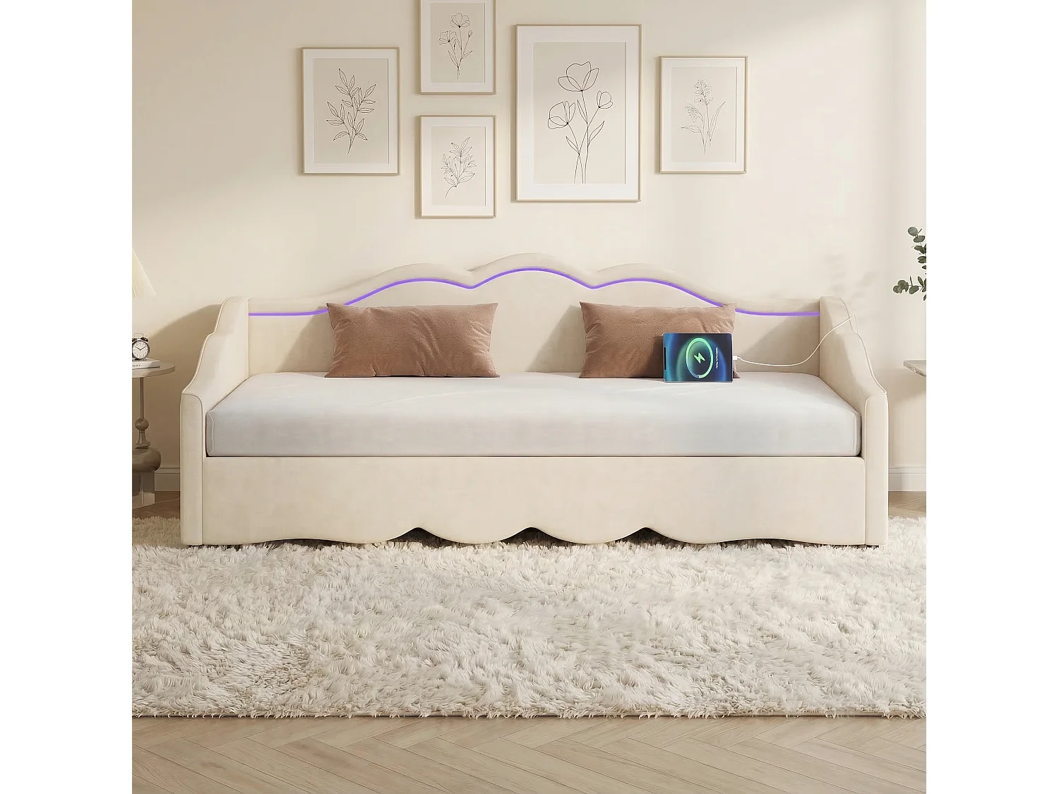 Upholstered sofa bed 90x200cm - With pull-out bed - LED lighting and USB ports - Velvet upholstery - Beige (Mattress not included)