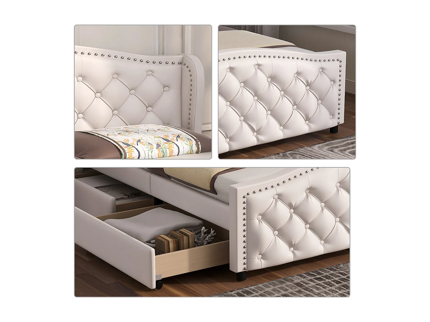 Upholstered adult bed in faux leather - 140x200cm - with 2 drawers - White