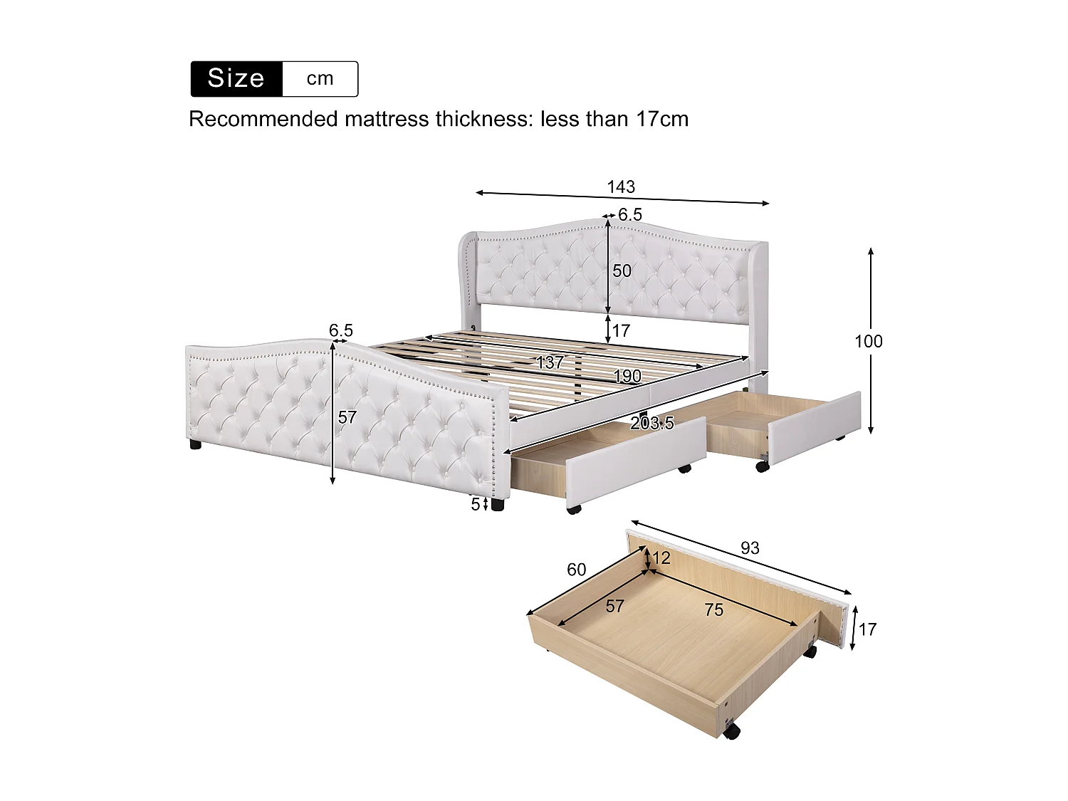 Upholstered adult bed in faux leather - 140x200cm - with 2 drawers - White