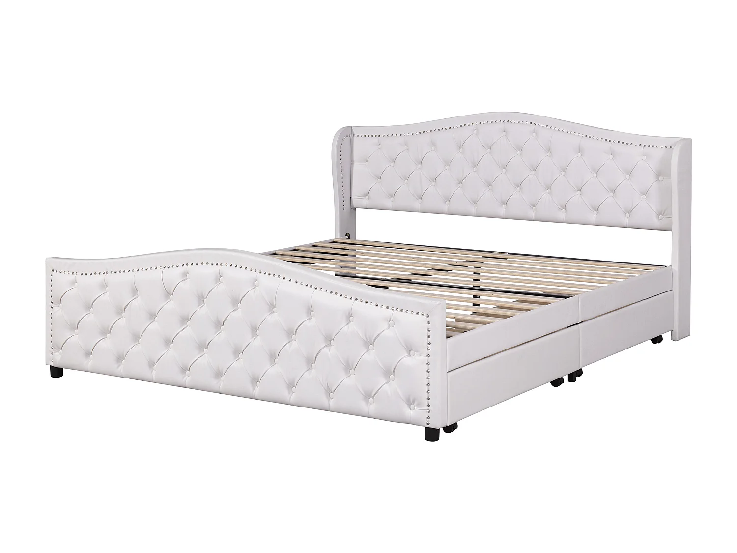 Upholstered adult bed in faux leather - 140x200cm - with 2 drawers - White