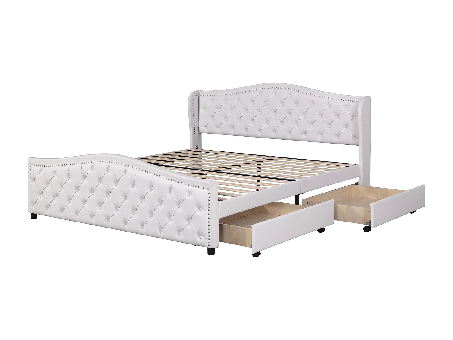 Upholstered adult bed in faux leather - 140x200cm - with 2 drawers - White