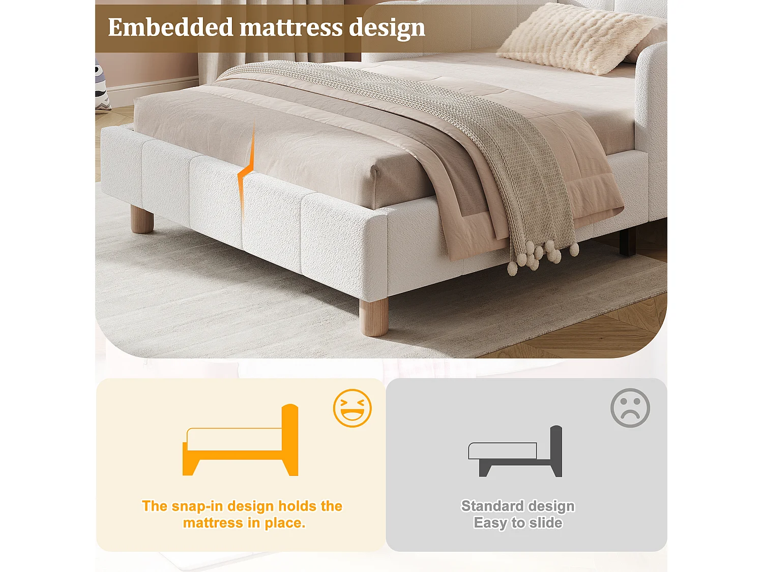 Children's Upholstered Bed 90x190cm - with upholstered headboard and safety rails - solid wood legs - loop pile fabric - beige