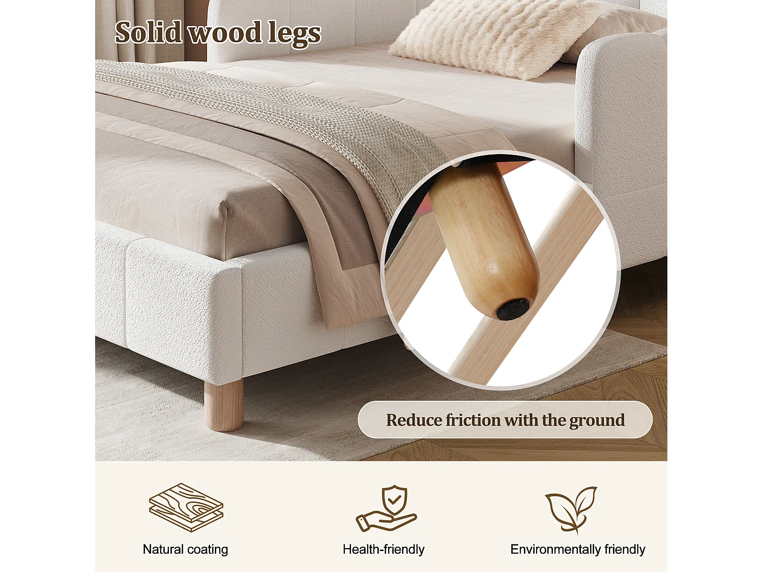 Children's Upholstered Bed 90x190cm - with upholstered headboard and safety rails - solid wood legs - loop pile fabric - beige