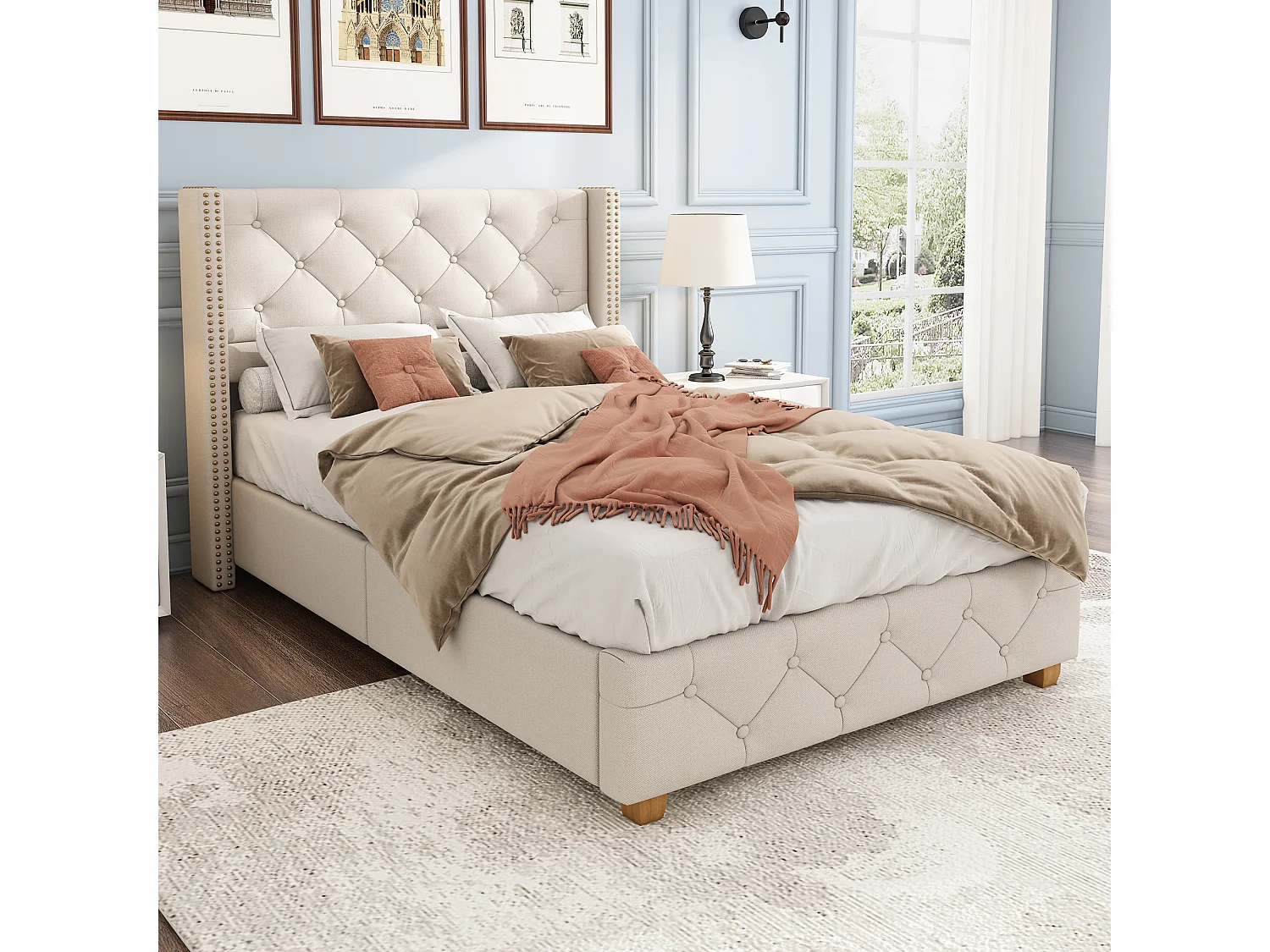 Single Linen Upholstered Bed - 90x200 cm - with Slatted Base - Beige