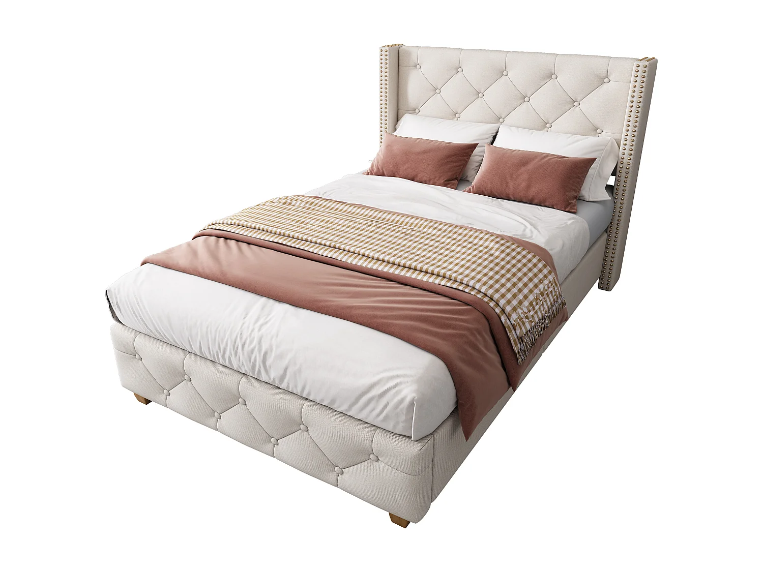 Single Linen Upholstered Bed - 90x200 cm - with Slatted Base - Beige