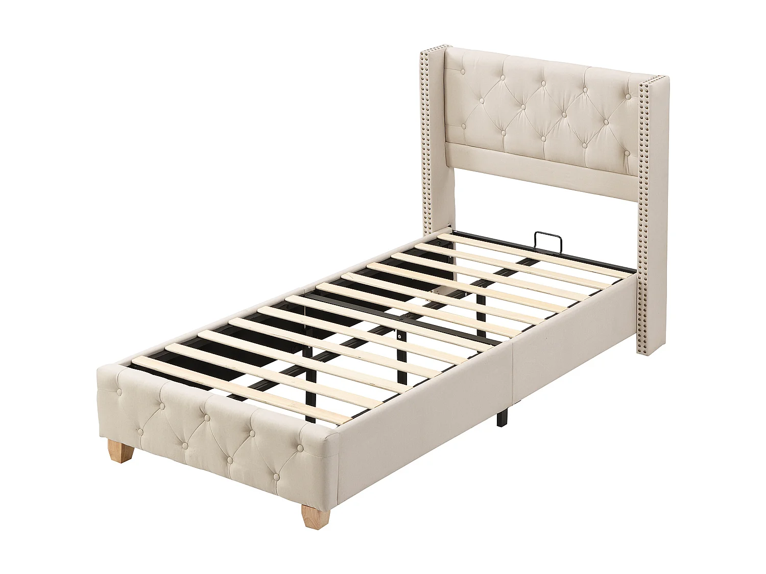 Single Linen Upholstered Bed - 90x200 cm - with Slatted Base - Beige