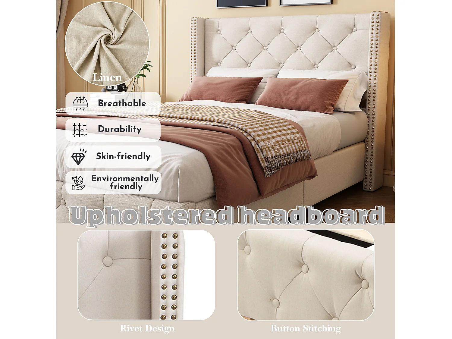 Single Linen Upholstered Bed - 90x200 cm - with Slatted Base - Beige