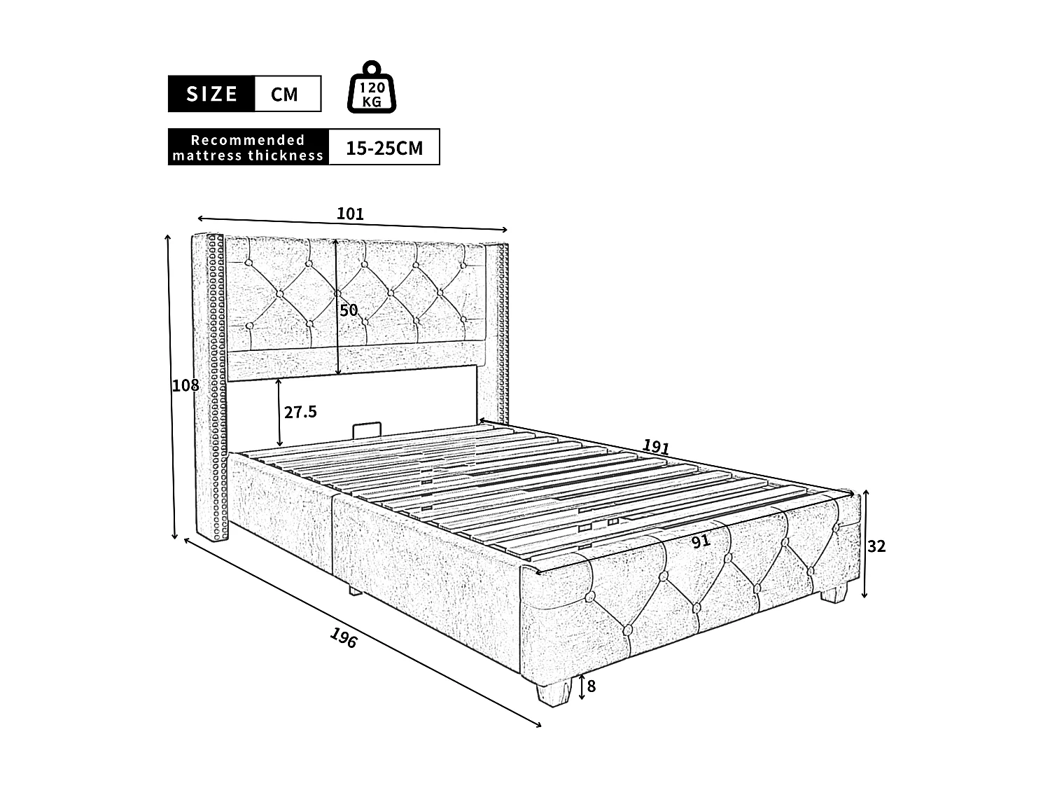 Single Linen Upholstered Bed - 90x200 cm - with Slatted Base - Beige