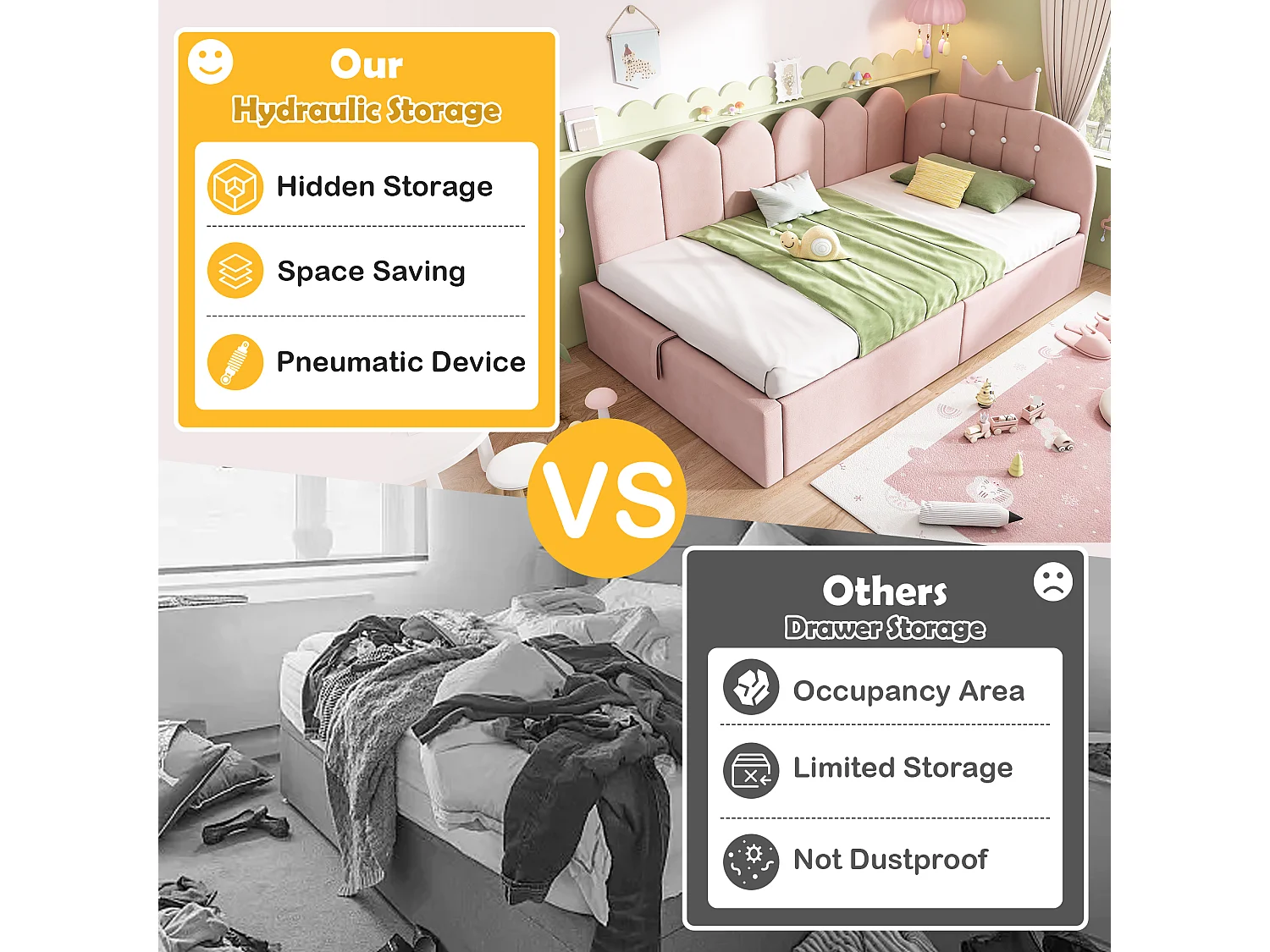 Sofa bed with storage 90x190 cm - with storage - velvet - features a crown-shaped decoration - Pink (mattress not included)