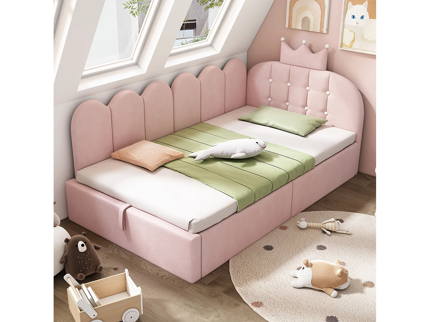 Sofa bed with storage 90x190 cm - with storage - velvet - features a crown-shaped decoration - Pink (mattress not included)