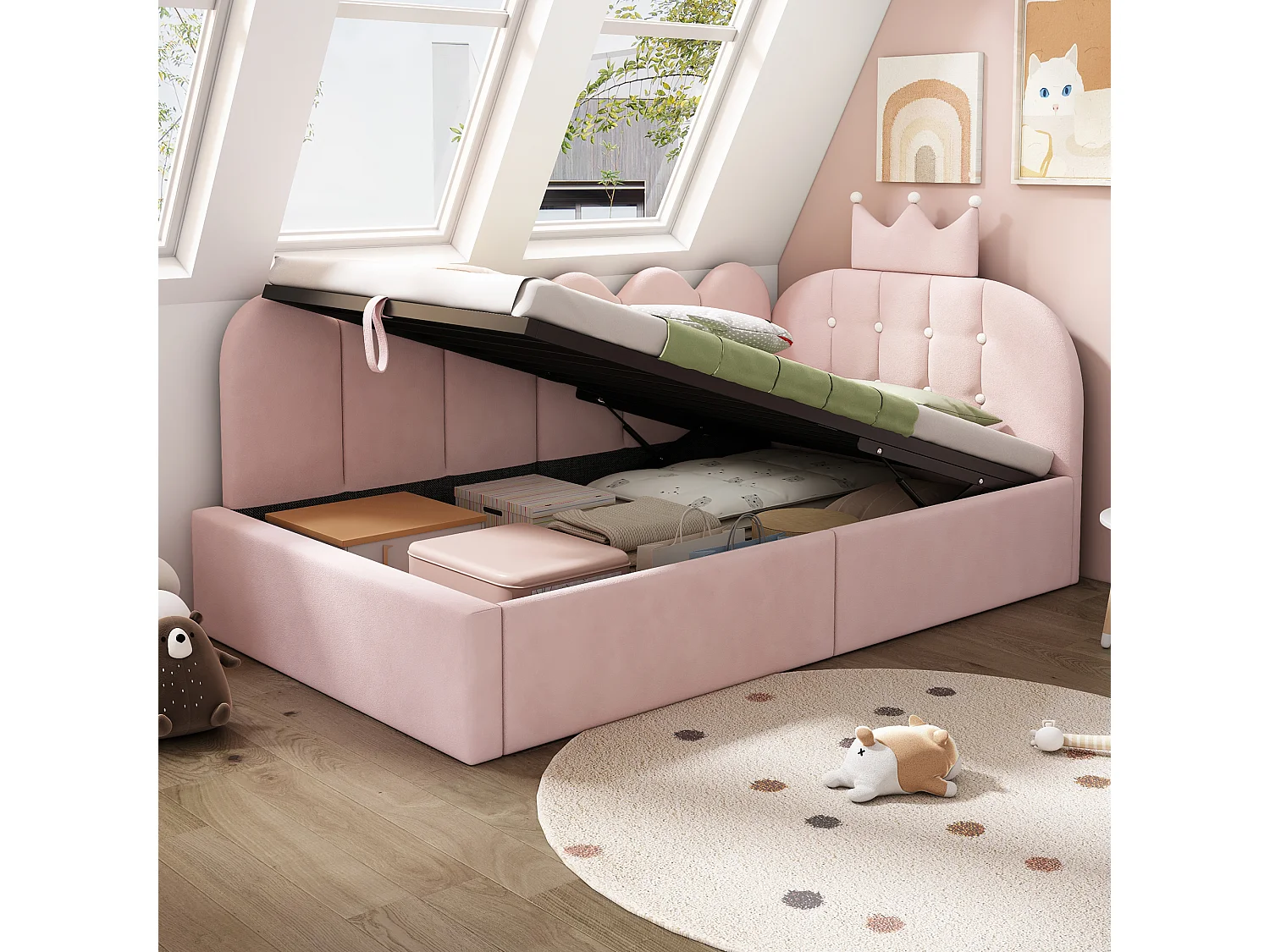 Sofa bed with storage 90x190 cm - with storage - velvet - features a crown-shaped decoration - Pink (mattress not included)