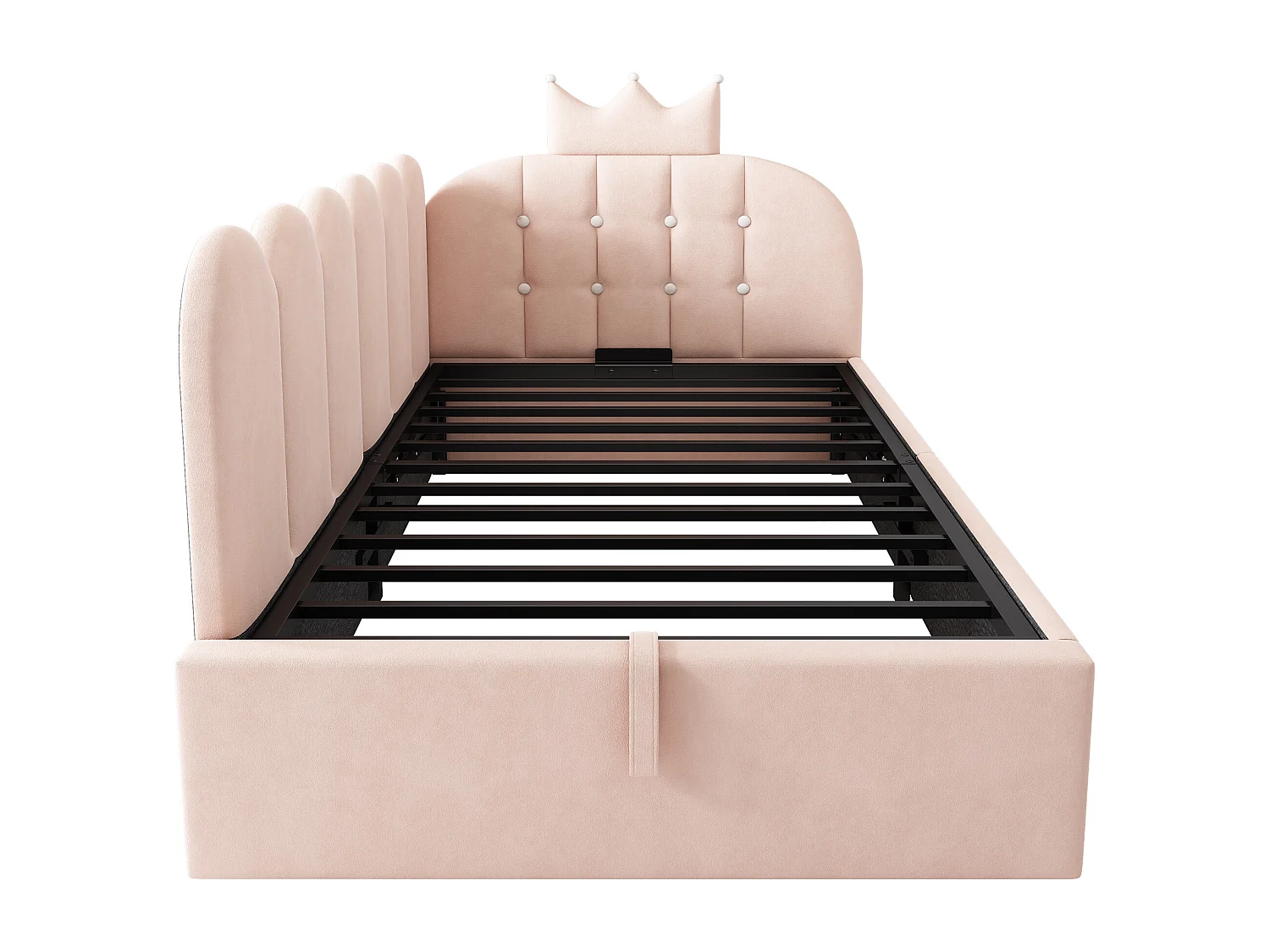Sofa bed with storage 90x190 cm - with storage - velvet - features a crown-shaped decoration - Pink (mattress not included)