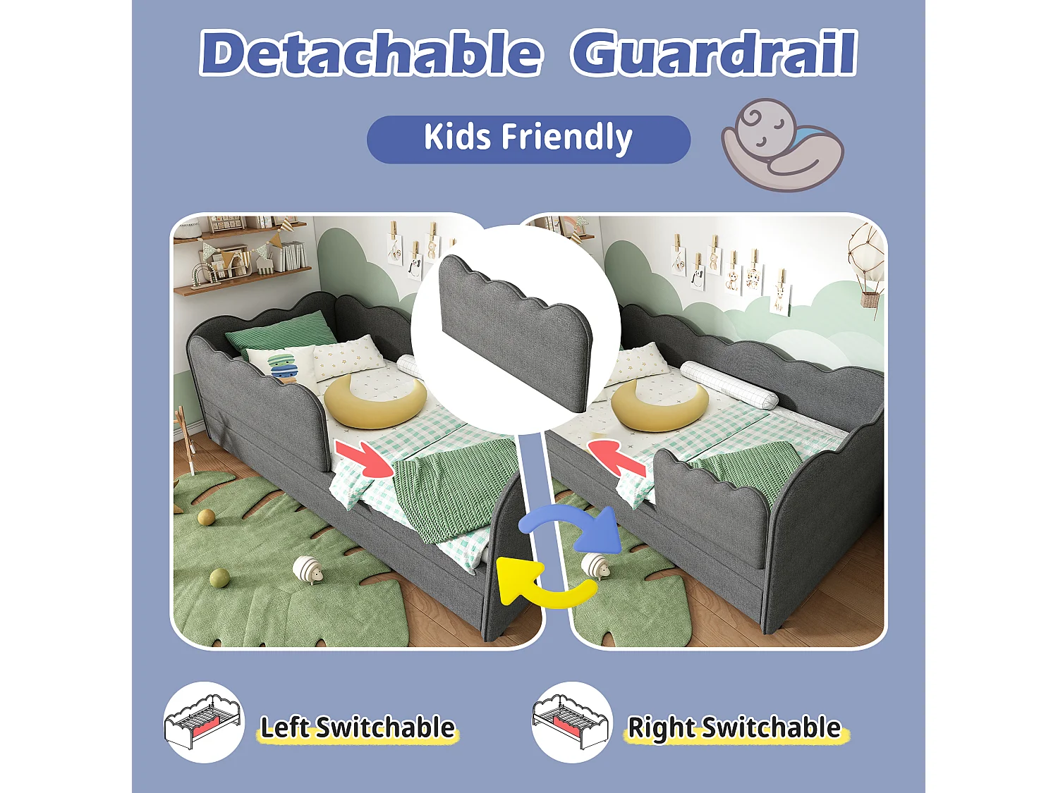 Sofa bed 90x190 cm - with pull-out bed 90x190 cm - wave design - with slatted base - Linen - Grey (mattress not included)