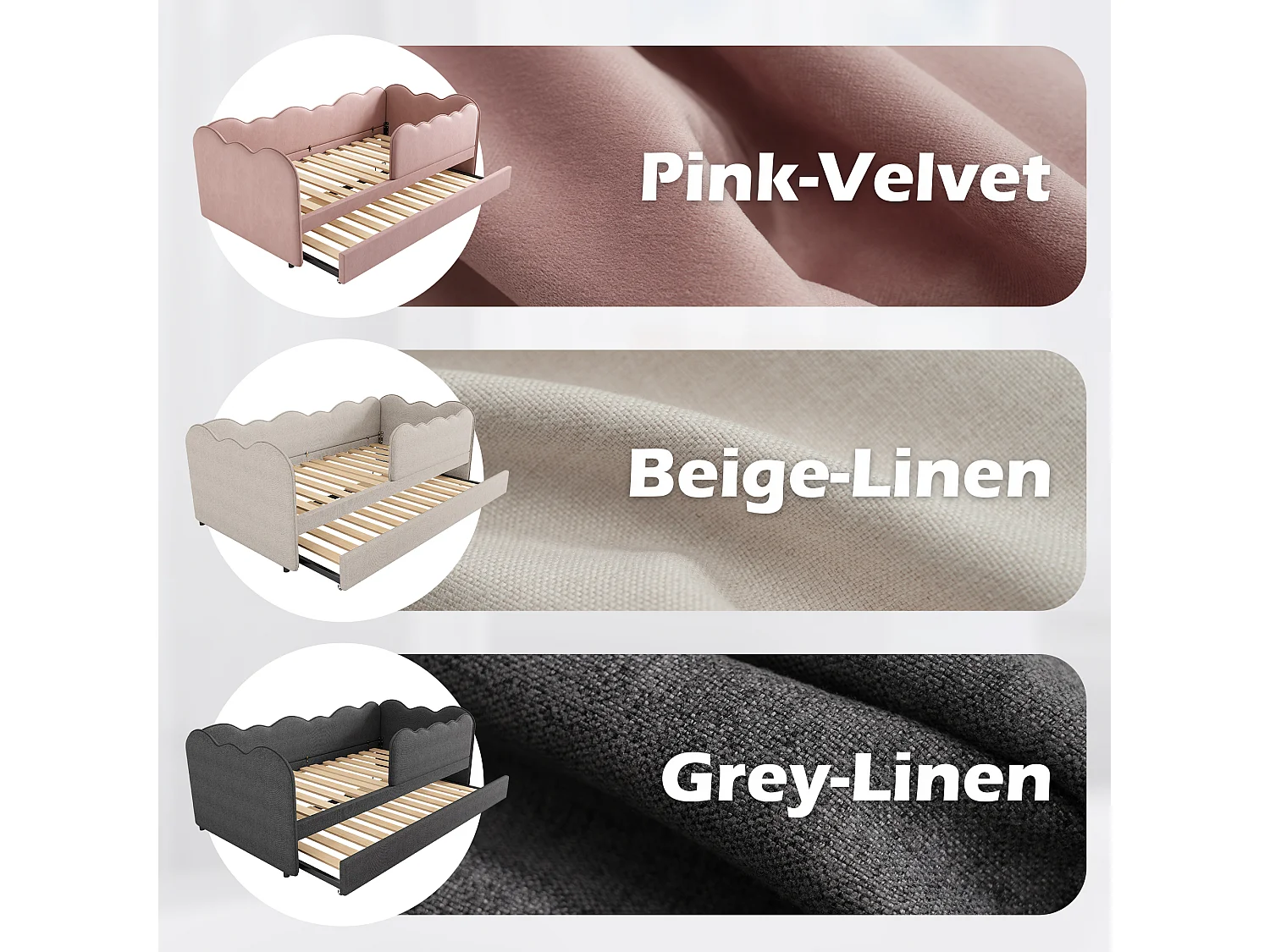 Sofa bed 90x190 cm - with pull-out bed 90x190 cm - wave design - with slatted base - Linen - Grey (mattress not included)