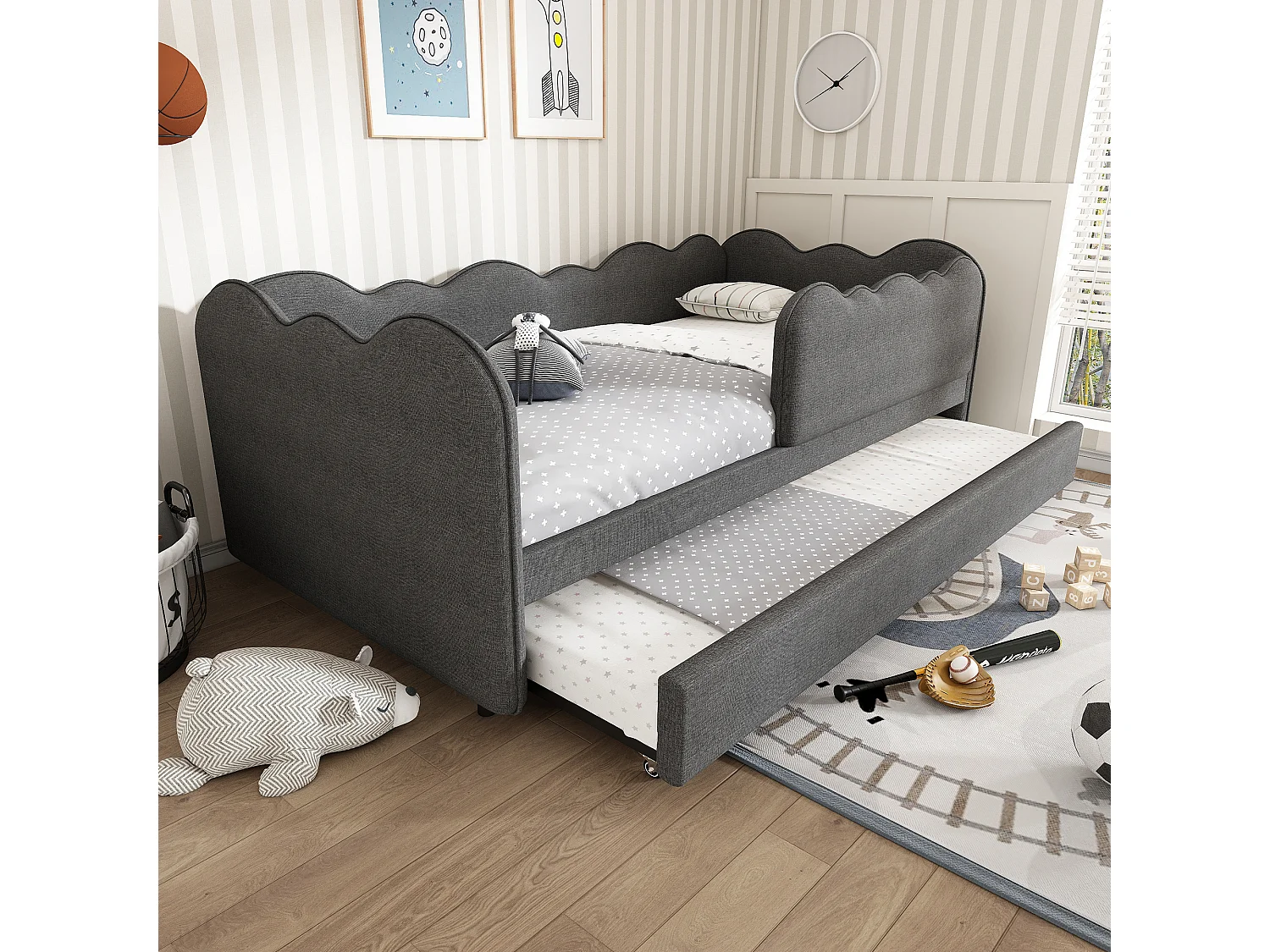 Sofa bed 90x190 cm - with pull-out bed 90x190 cm - wave design - with slatted base - Linen - Grey (mattress not included)