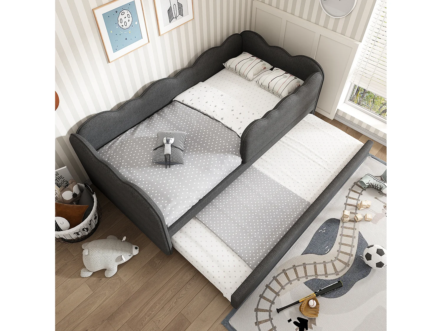 Sofa bed 90x190 cm - with pull-out bed 90x190 cm - wave design - with slatted base - Linen - Grey (mattress not included)