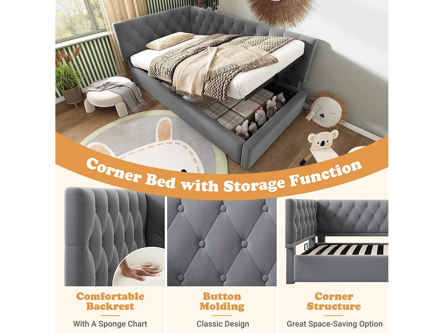Sofa bed with storage 90x190 cm - with storage - velvet fabric - with slatted base - Grey (mattress not included)