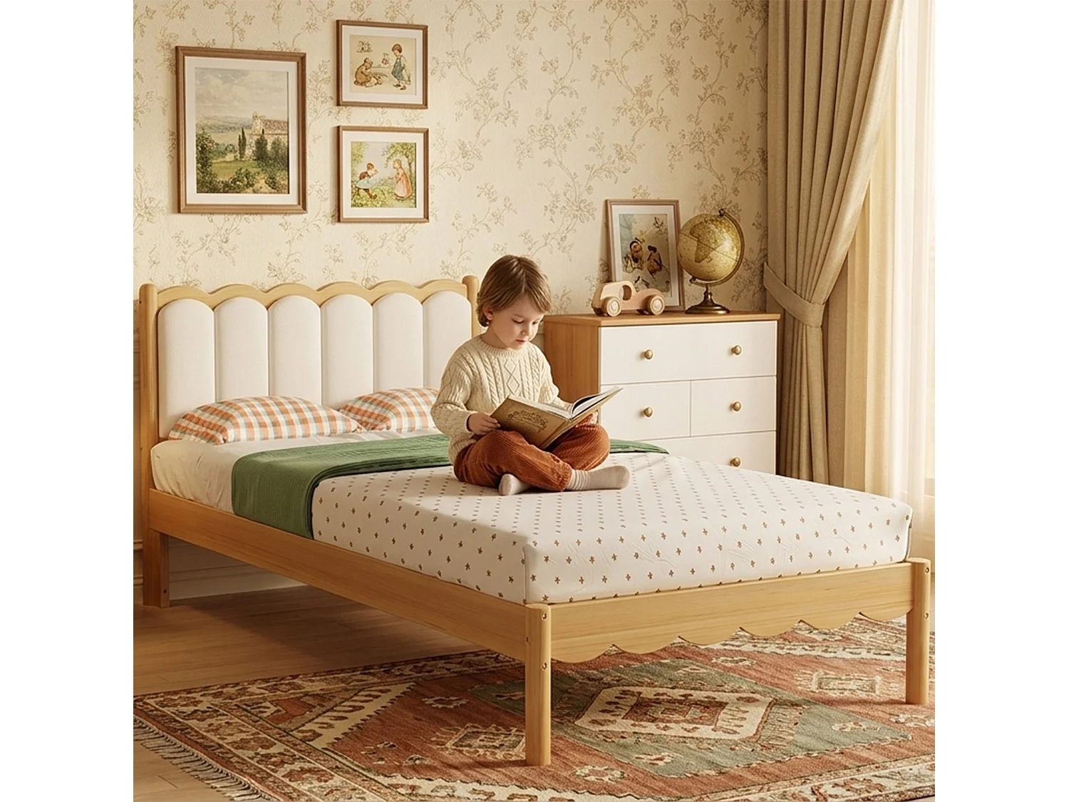 Lit rembourré simple pour enfant 90x200cm - tête de lit rembourrée en PU - avec sommier à lattes - Naturel