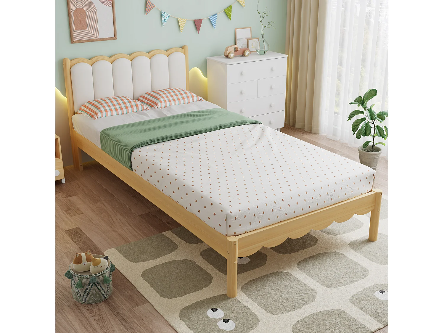 Lit rembourré simple pour enfant 90x200cm - tête de lit rembourrée en PU - avec sommier à lattes - Naturel